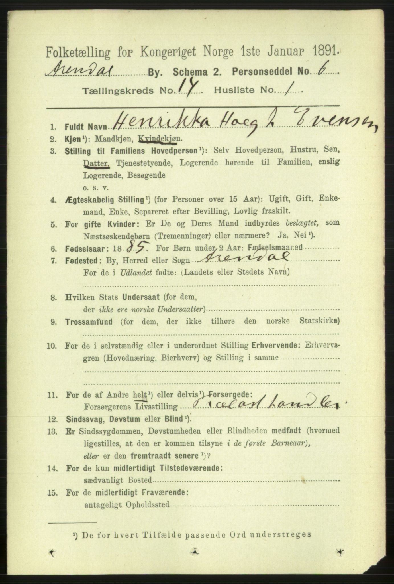 RA, 1891 census for 0903 Arendal, 1891, p. 4775