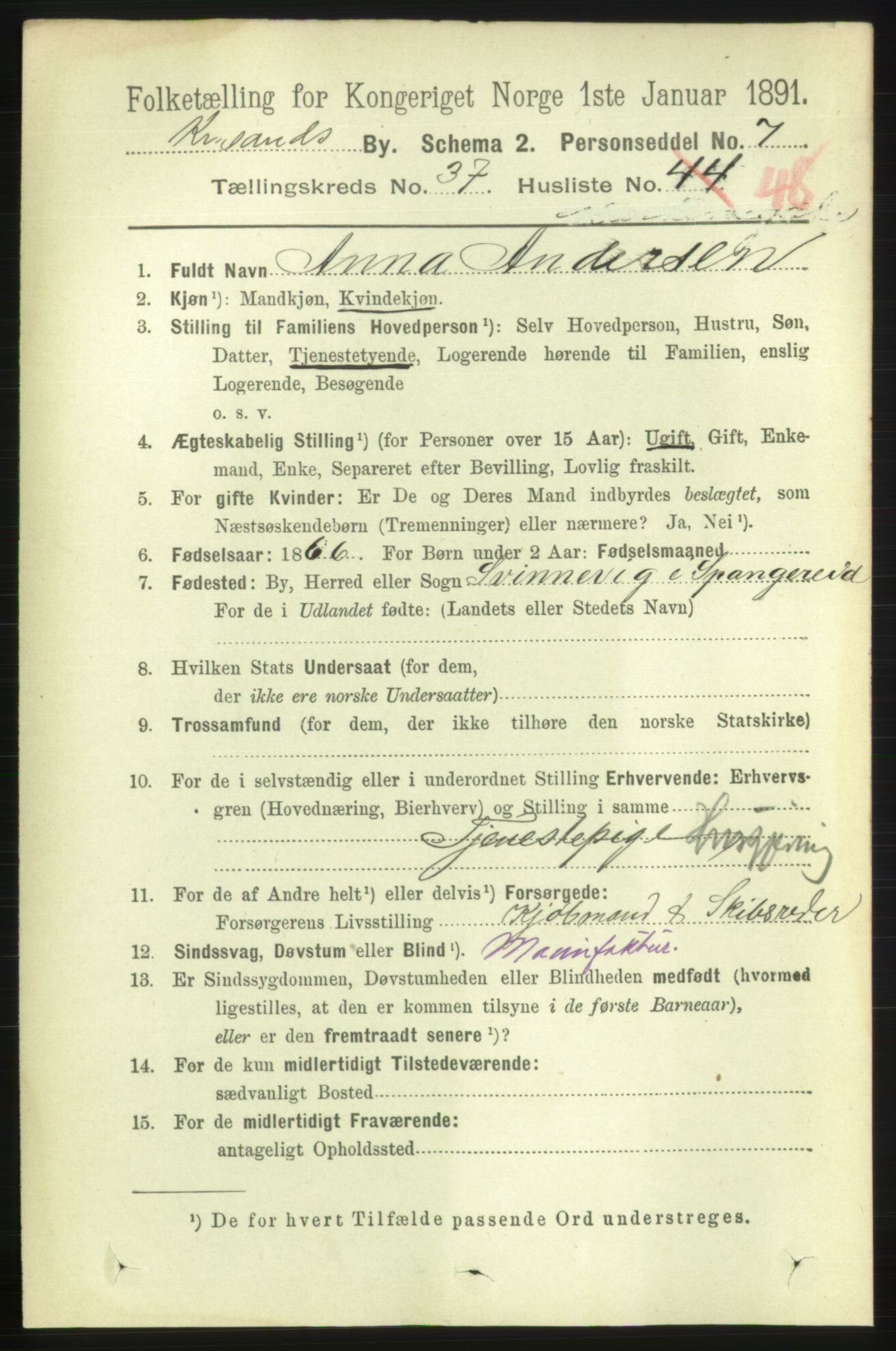 RA, 1891 census for 1001 Kristiansand, 1891, p. 11960