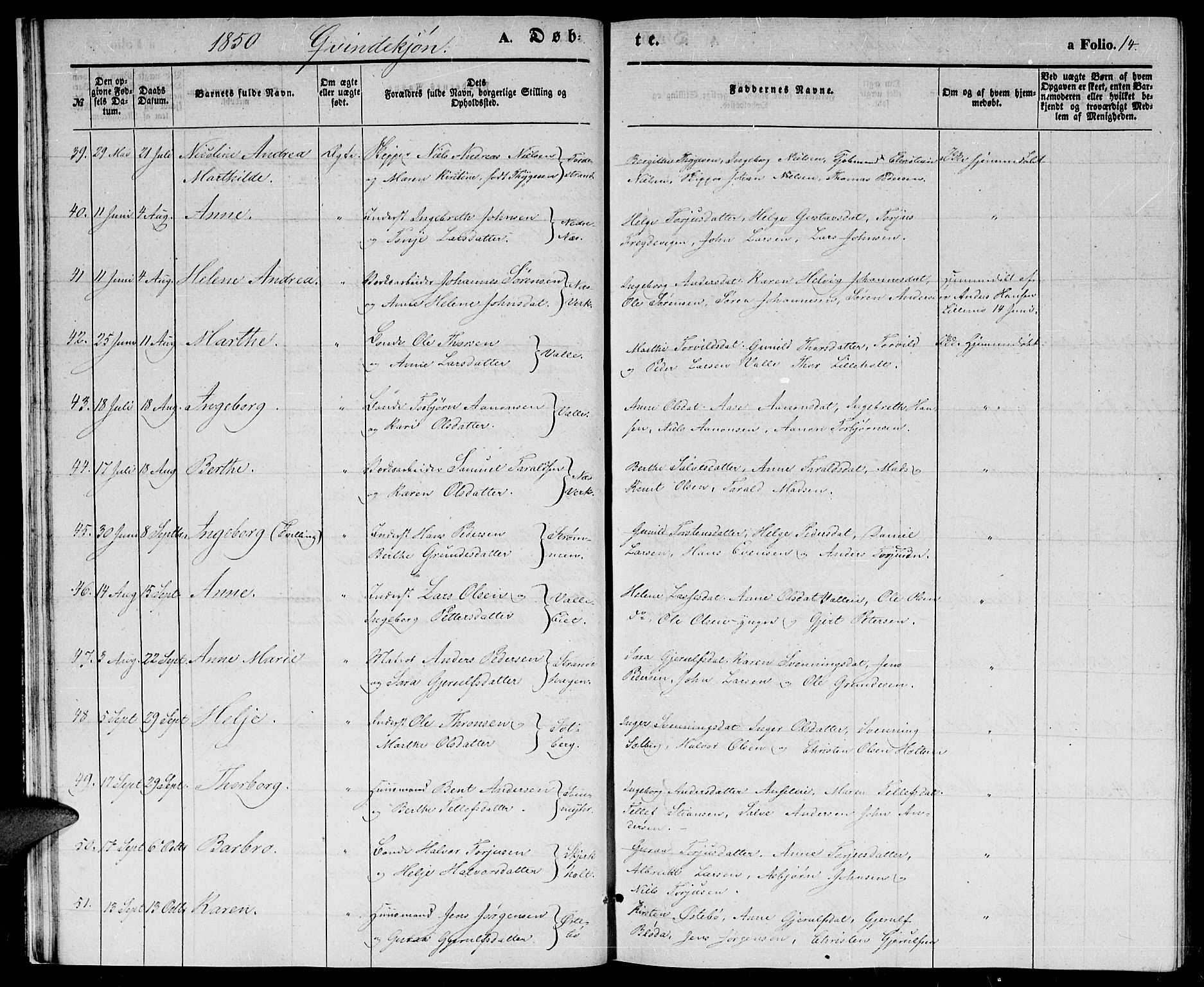 Holt sokneprestkontor, AV/SAK-1111-0021/F/Fb/L0007: Parish register (copy) no. B 7, 1849-1858, p. 14