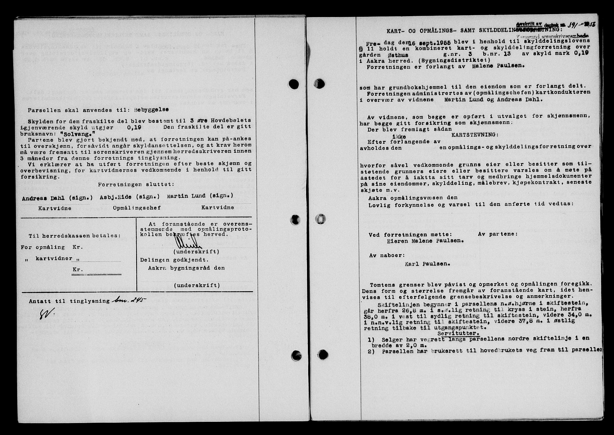 Karmsund sorenskriveri, AV/SAST-A-100311/01/II/IIB/L0118: Mortgage book no. 98A, 1955-1956, Diary no: : 391/1956