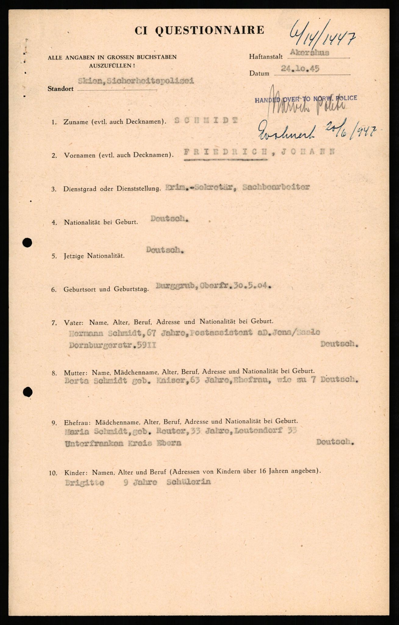Forsvaret, Forsvarets overkommando II, RA/RAFA-3915/D/Db/L0029: CI Questionaires. Tyske okkupasjonsstyrker i Norge. Tyskere., 1945-1946, p. 401