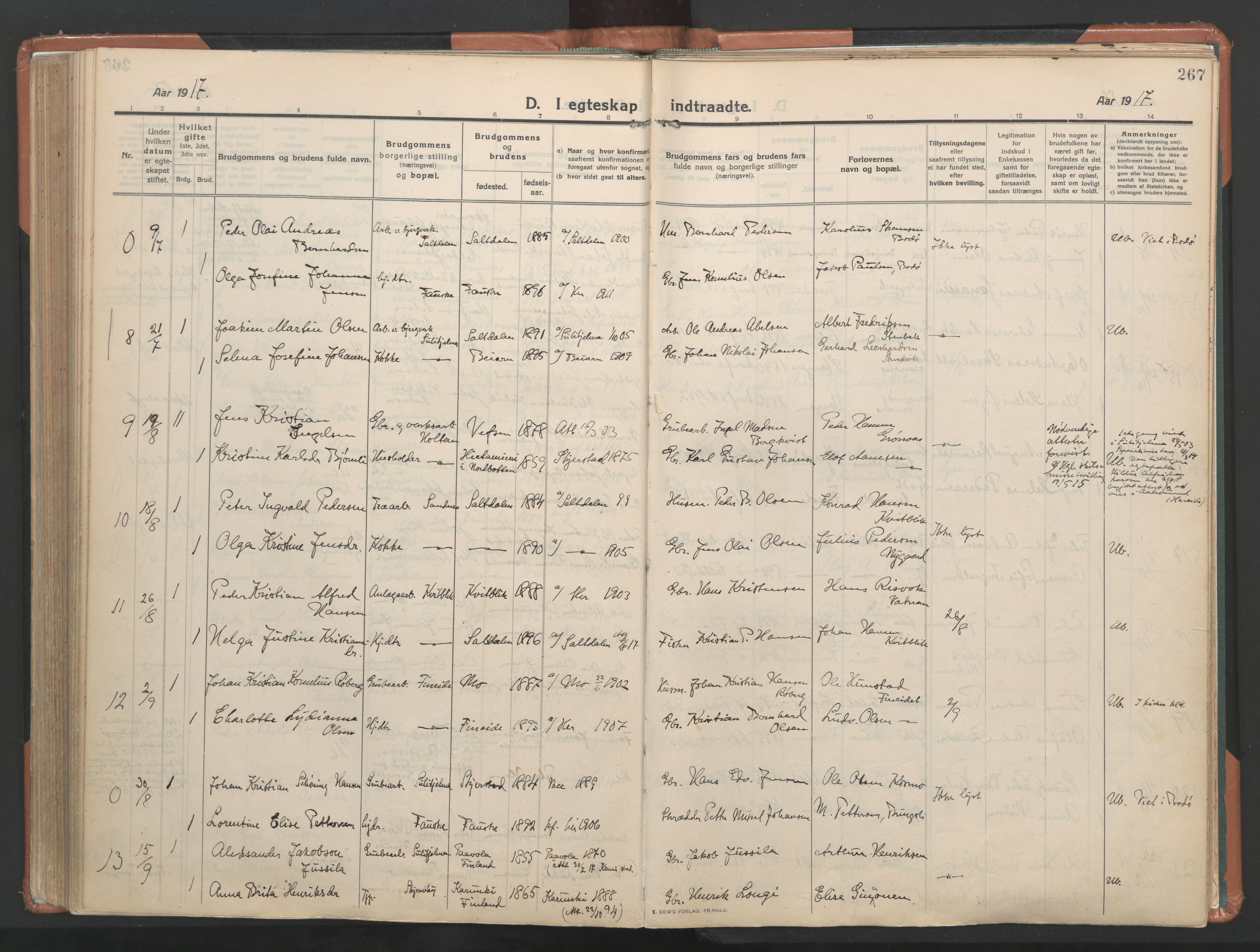 Ministerialprotokoller, klokkerbøker og fødselsregistre - Nordland, AV/SAT-A-1459/849/L0698: Parish register (official) no. 849A09, 1911-1924, p. 267