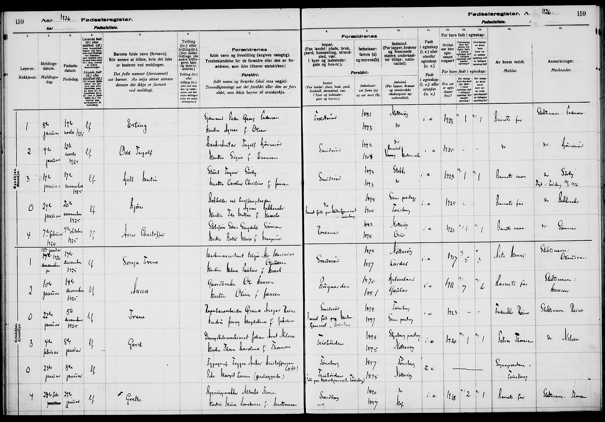 Nøtterøy kirkebøker, AV/SAKO-A-354/J/Ja/L0001: Birth register no. 1, 1916-1928, p. 159