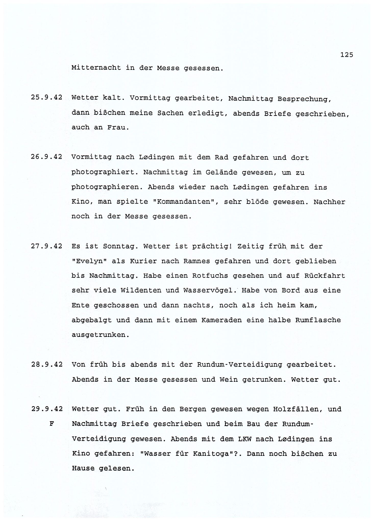 Dagbokopptegnelser av en tysk marineoffiser stasjonert i Norge , FMFB/A-1160/F/L0001: Dagbokopptegnelser av en tysk marineoffiser stasjonert i Norge, 1941-1944, p. 125