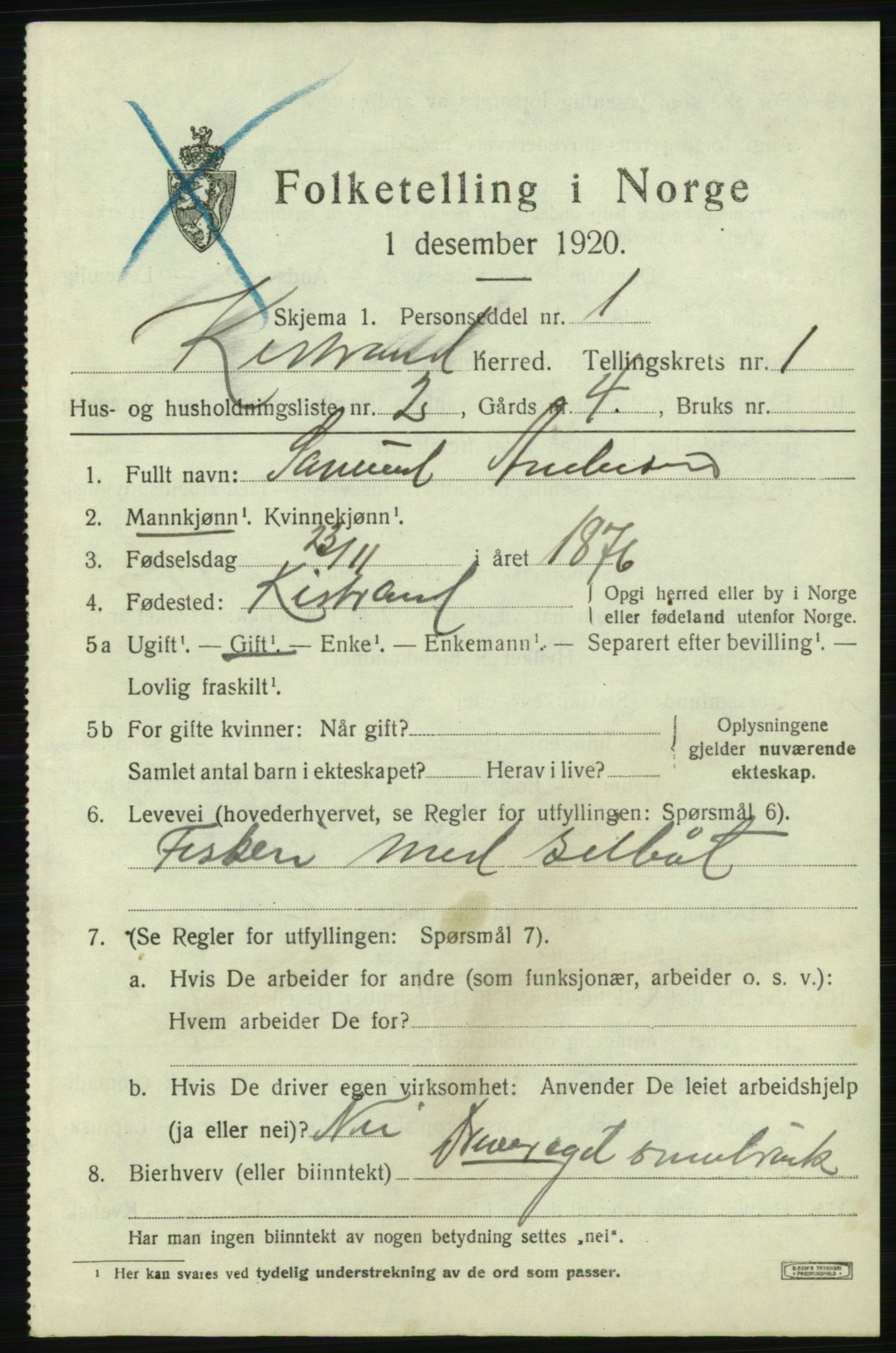 SATØ, 1920 census for Kistrand, 1920, p. 850