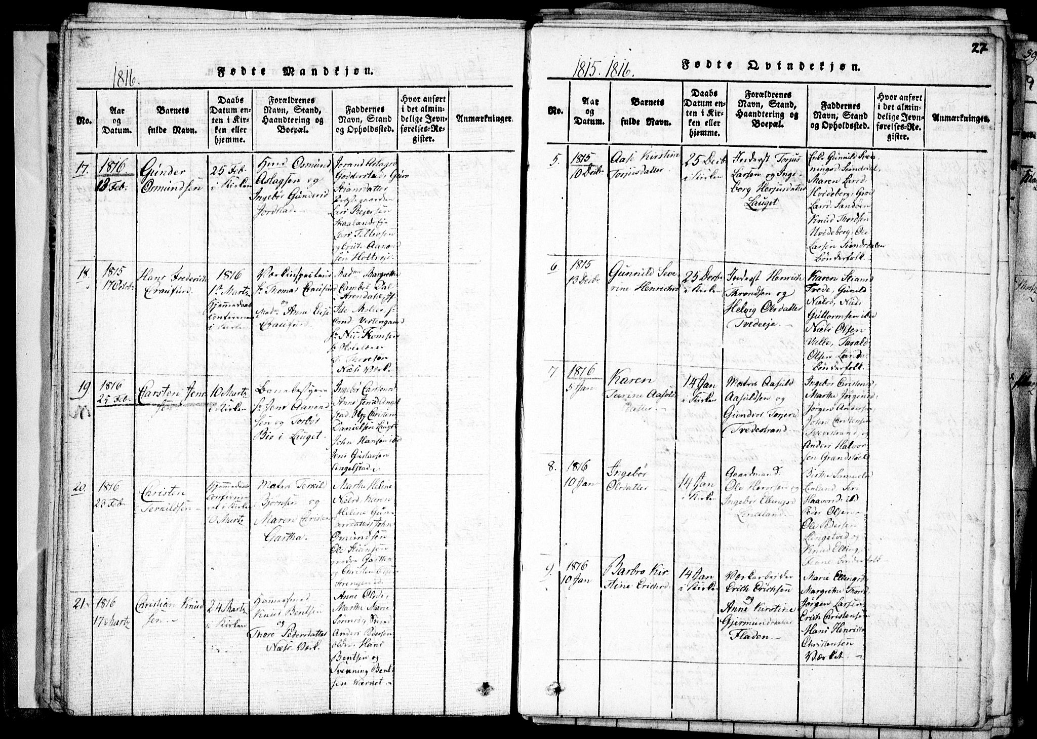 Holt sokneprestkontor, AV/SAK-1111-0021/F/Fa/L0005: Parish register (official) no. A 5, 1813-1821, p. 27