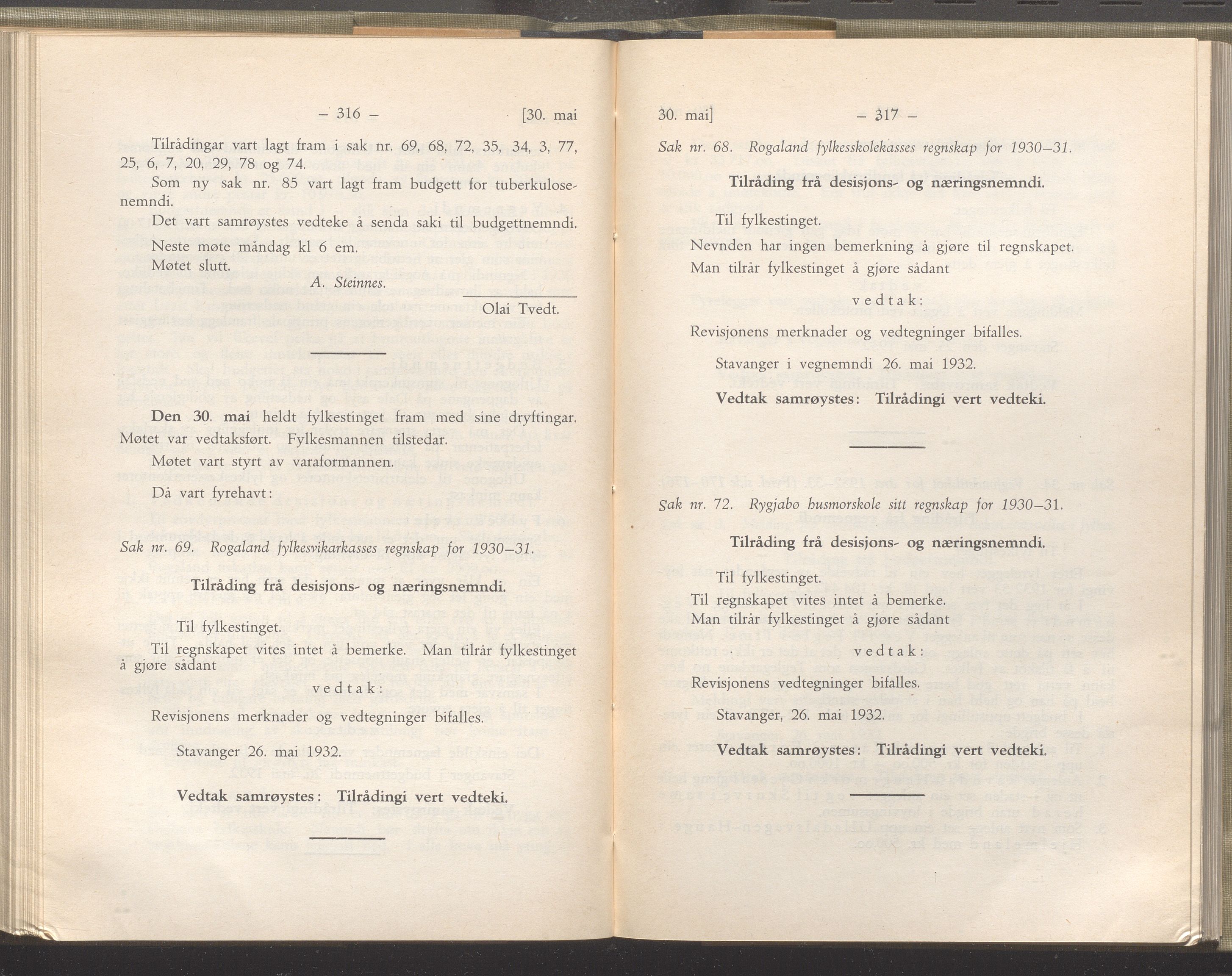 Rogaland fylkeskommune - Fylkesrådmannen , IKAR/A-900/A/Aa/Aaa/L0051: Møtebok , 1932, p. 316-317