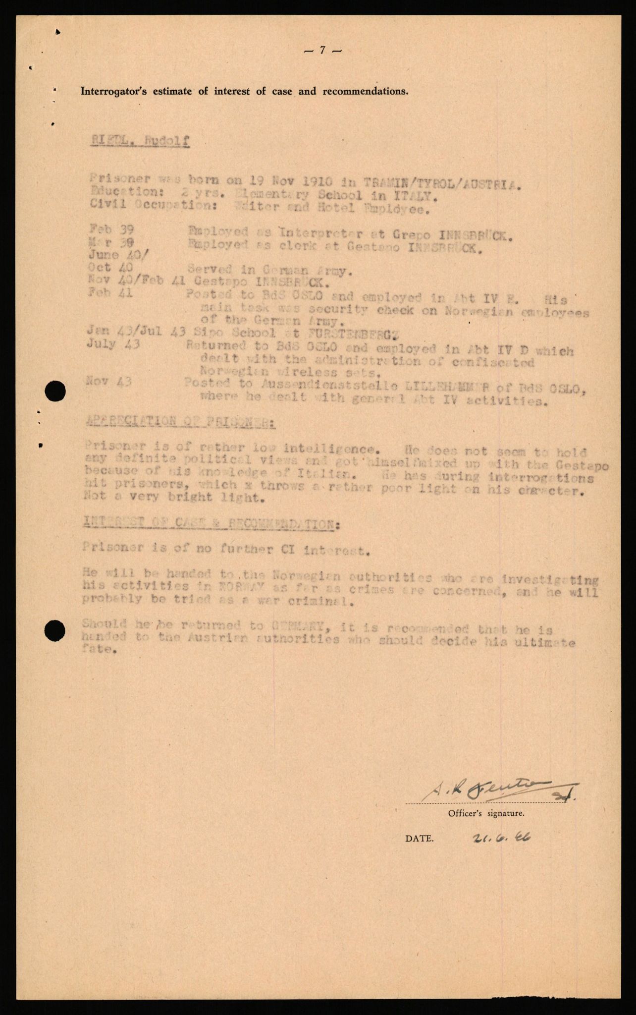 Forsvaret, Forsvarets overkommando II, AV/RA-RAFA-3915/D/Db/L0040: CI Questionaires. Tyske okkupasjonsstyrker i Norge. Østerrikere., 1945-1946, p. 123