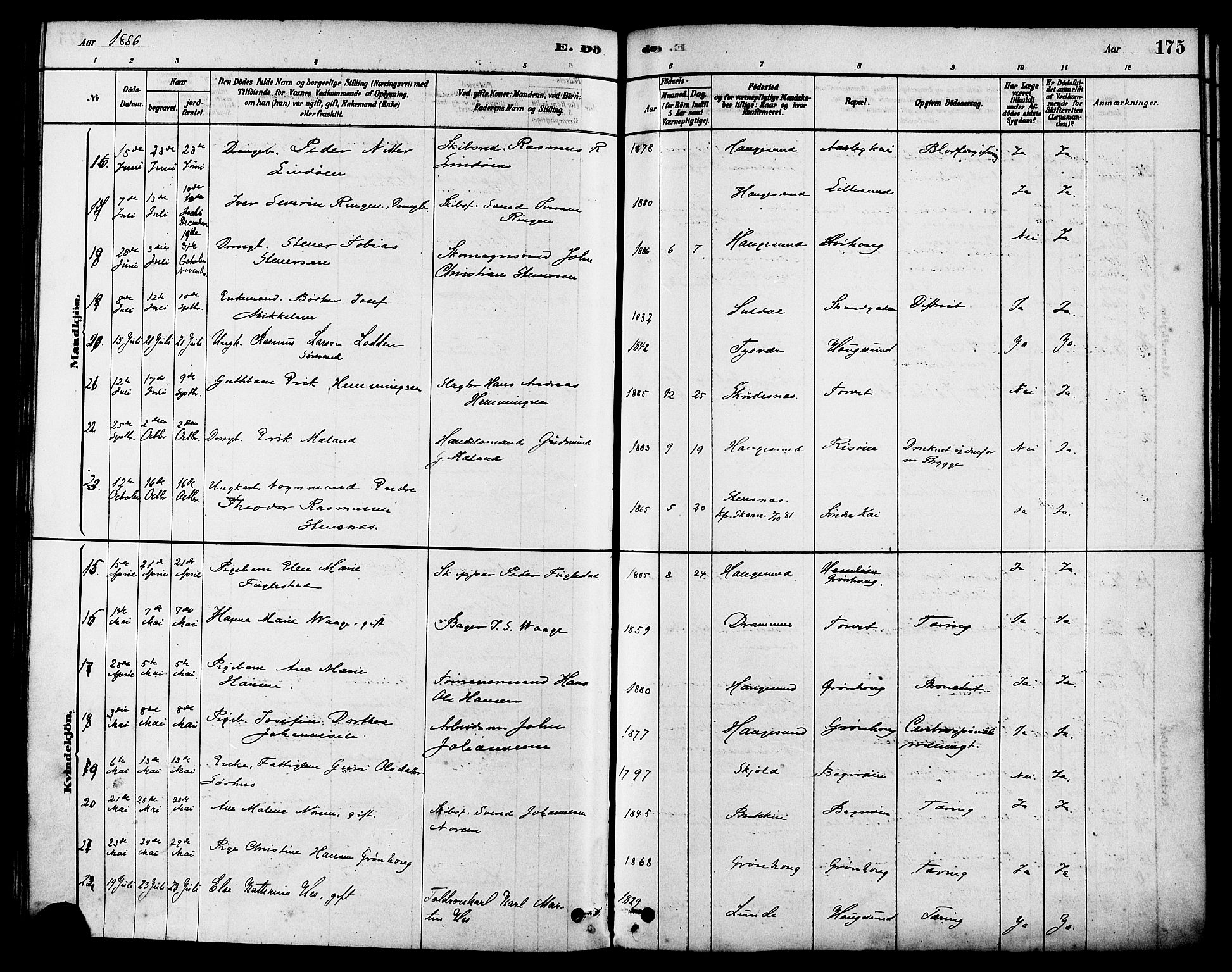 Haugesund sokneprestkontor, SAST/A -101863/H/Ha/Haa/L0003: Parish register (official) no. A 3, 1885-1890, p. 175