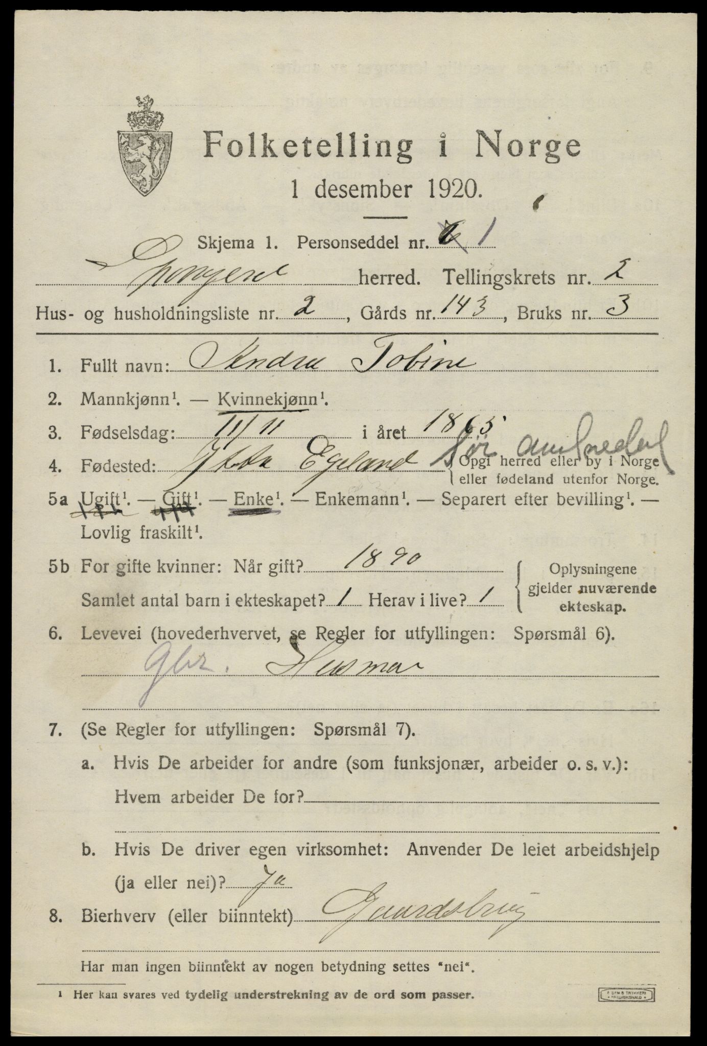 SAK, 1920 census for Spangereid, 1920, p. 1071