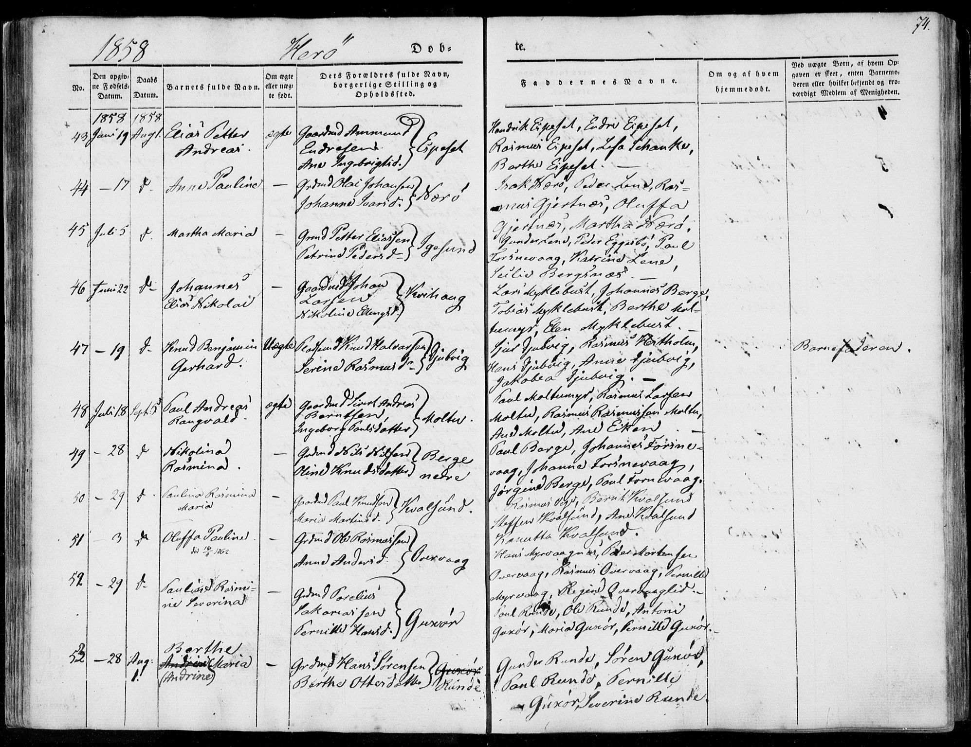 Ministerialprotokoller, klokkerbøker og fødselsregistre - Møre og Romsdal, AV/SAT-A-1454/507/L0070: Parish register (official) no. 507A05, 1842-1873, p. 74