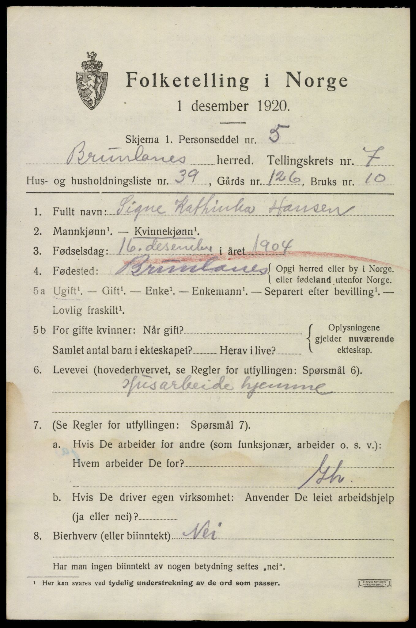 SAKO, 1920 census for Brunlanes, 1920, p. 7503