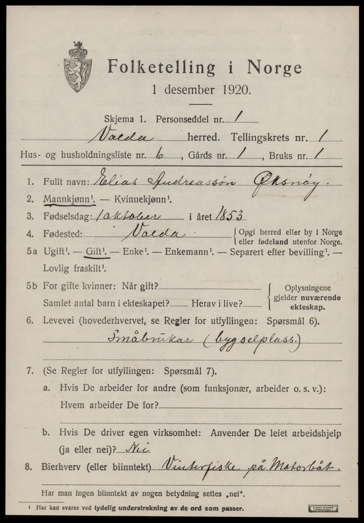 SAT, 1920 census for Volda, 1920, p. 1952