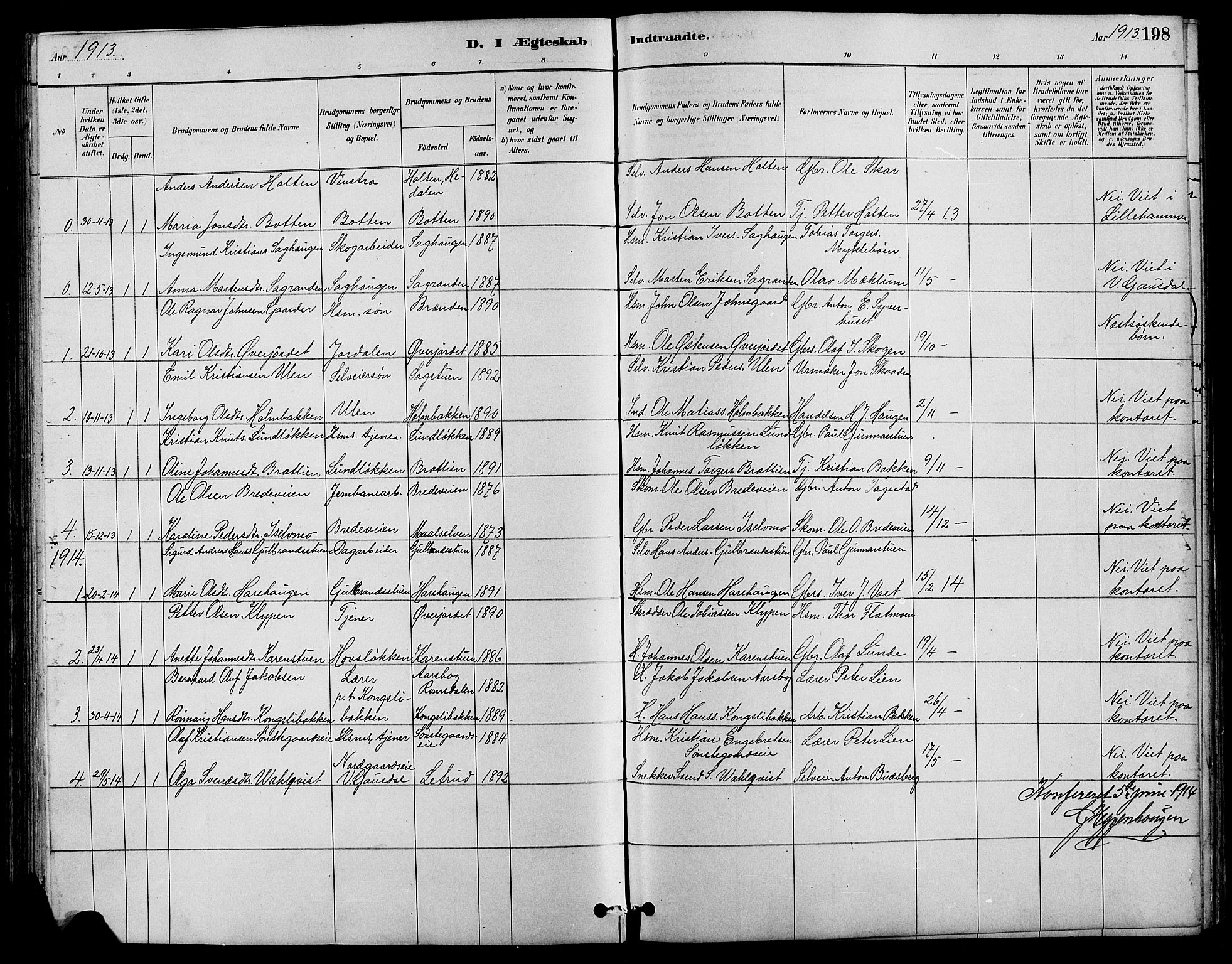 Nord-Fron prestekontor, SAH/PREST-080/H/Ha/Hab/L0004: Parish register (copy) no. 4, 1884-1914, p. 198