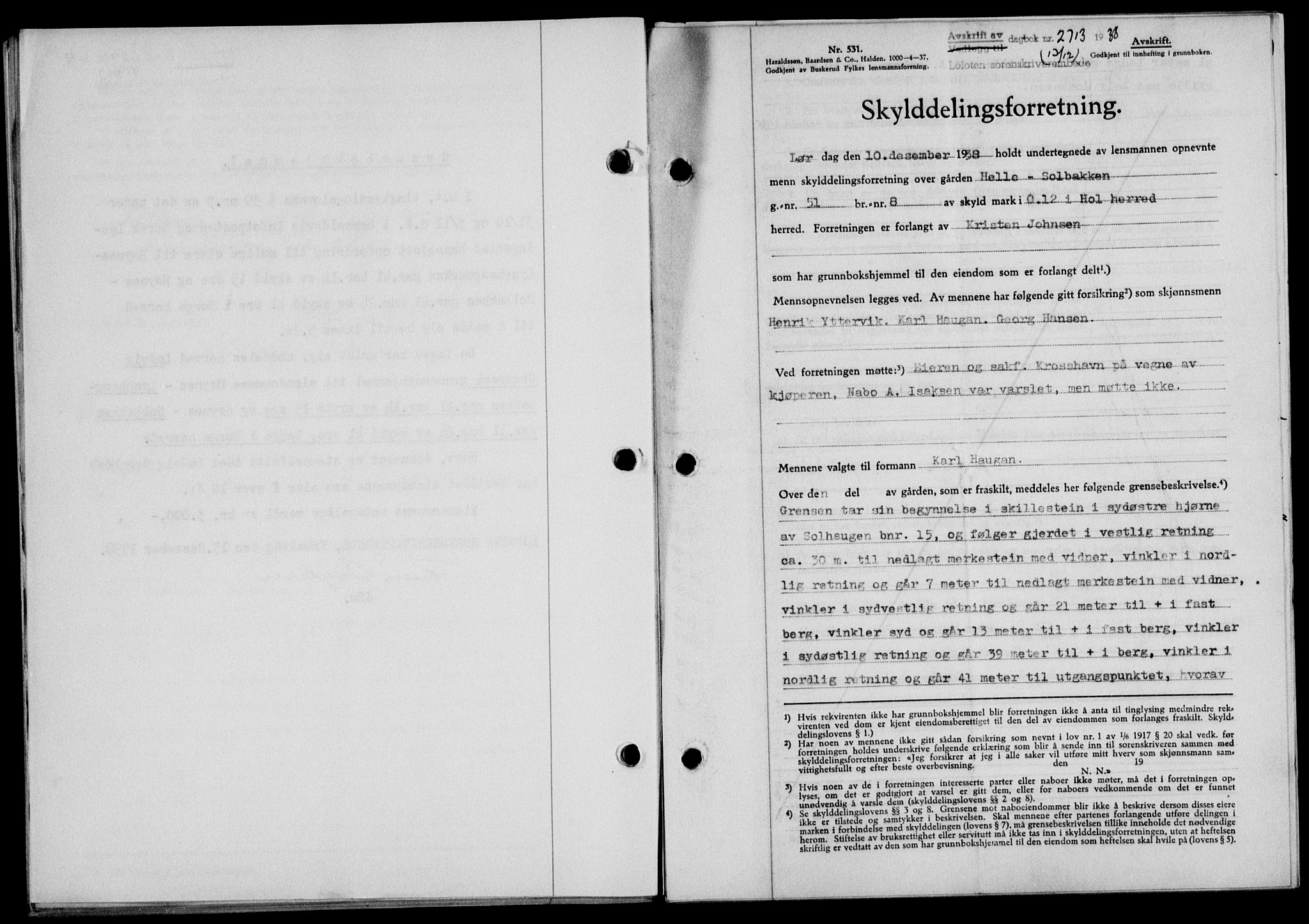 Lofoten sorenskriveri, SAT/A-0017/1/2/2C/L0005a: Mortgage book no. 5a, 1939-1939, Diary no: : 2713/1938
