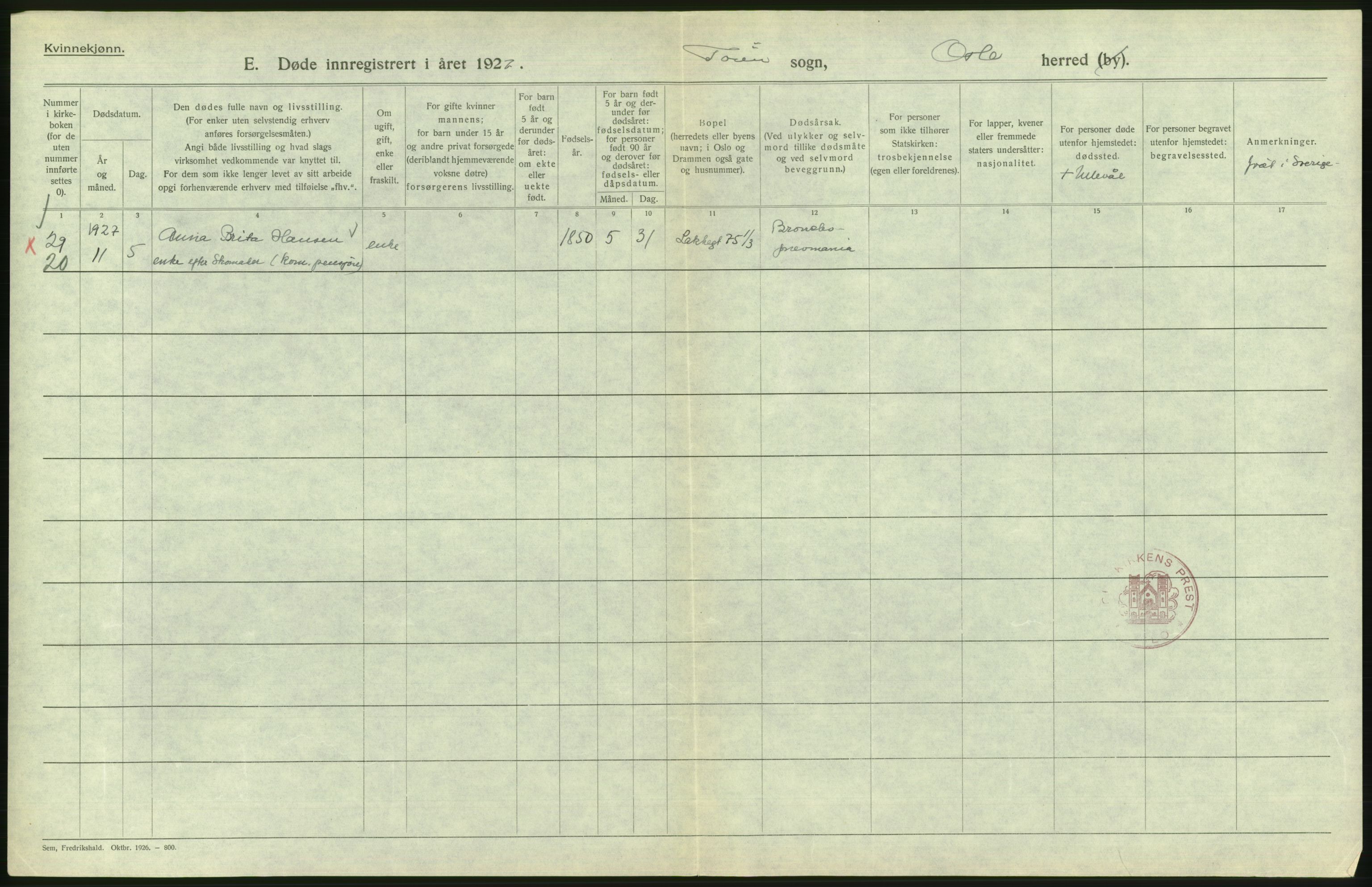 Statistisk sentralbyrå, Sosiodemografiske emner, Befolkning, RA/S-2228/D/Df/Dfc/Dfcg/L0010: Oslo: Døde kvinner, dødfødte, 1927, p. 662