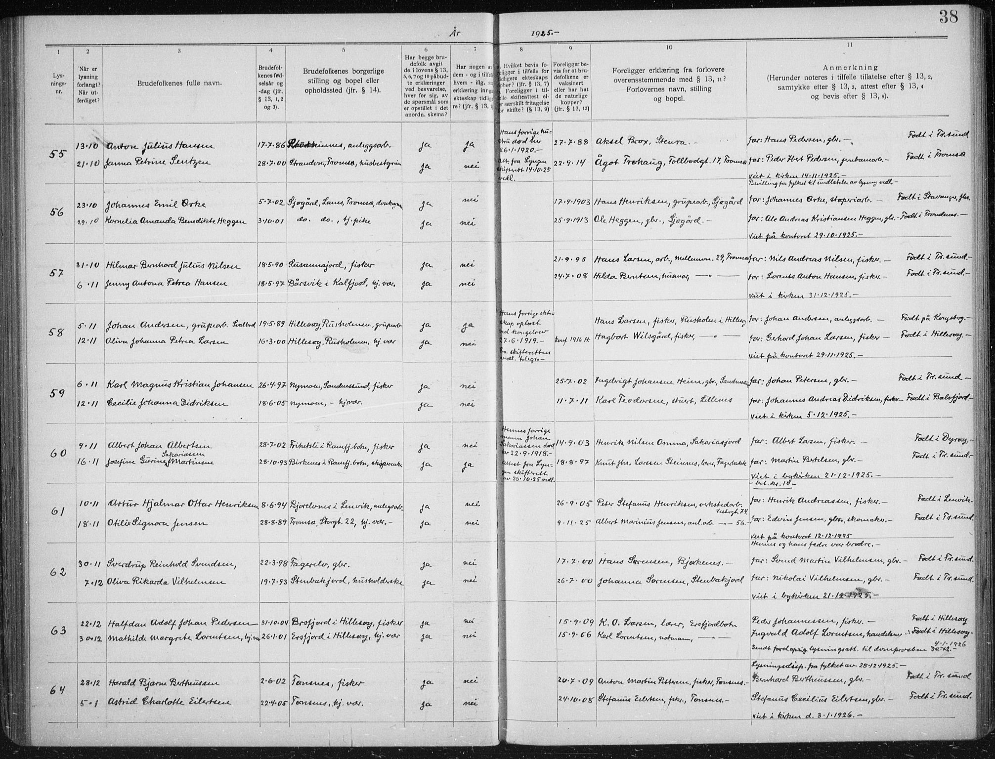 Tromsøysund sokneprestkontor, AV/SATØ-S-1304/H/Hc/L0059: Banns register no. 59, 1919-1937, p. 38