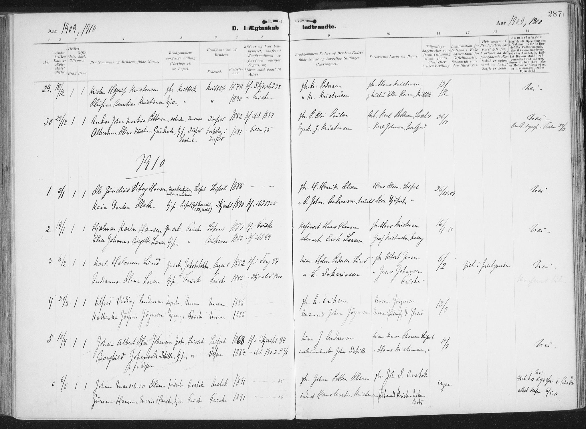 Ministerialprotokoller, klokkerbøker og fødselsregistre - Nordland, AV/SAT-A-1459/849/L0696: Parish register (official) no. 849A08, 1898-1910, p. 287