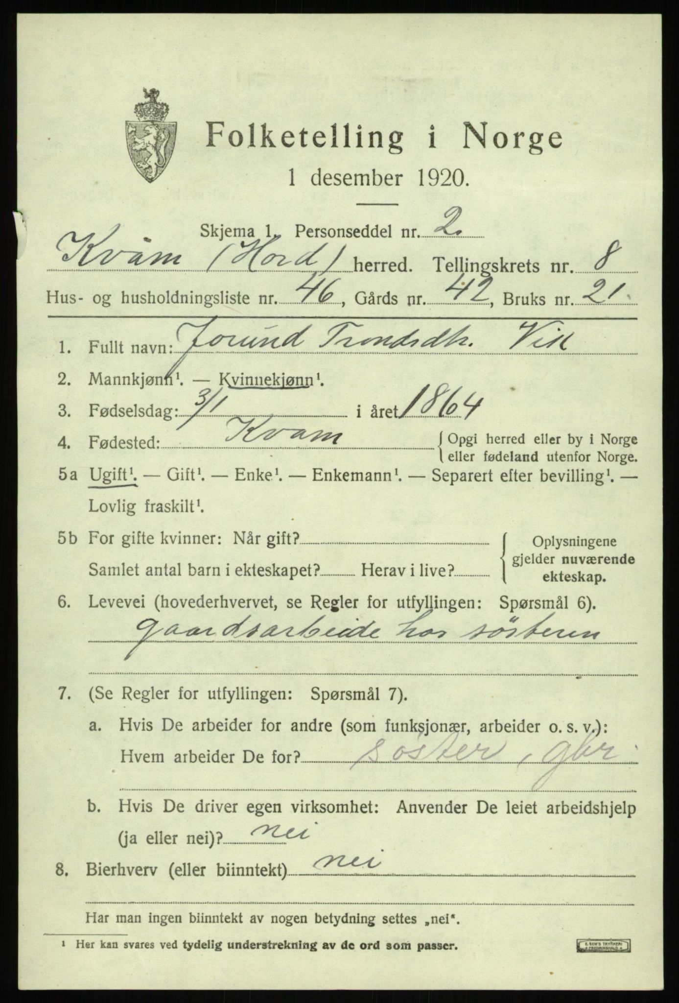 SAB, 1920 census for Kvam, 1920, p. 5637