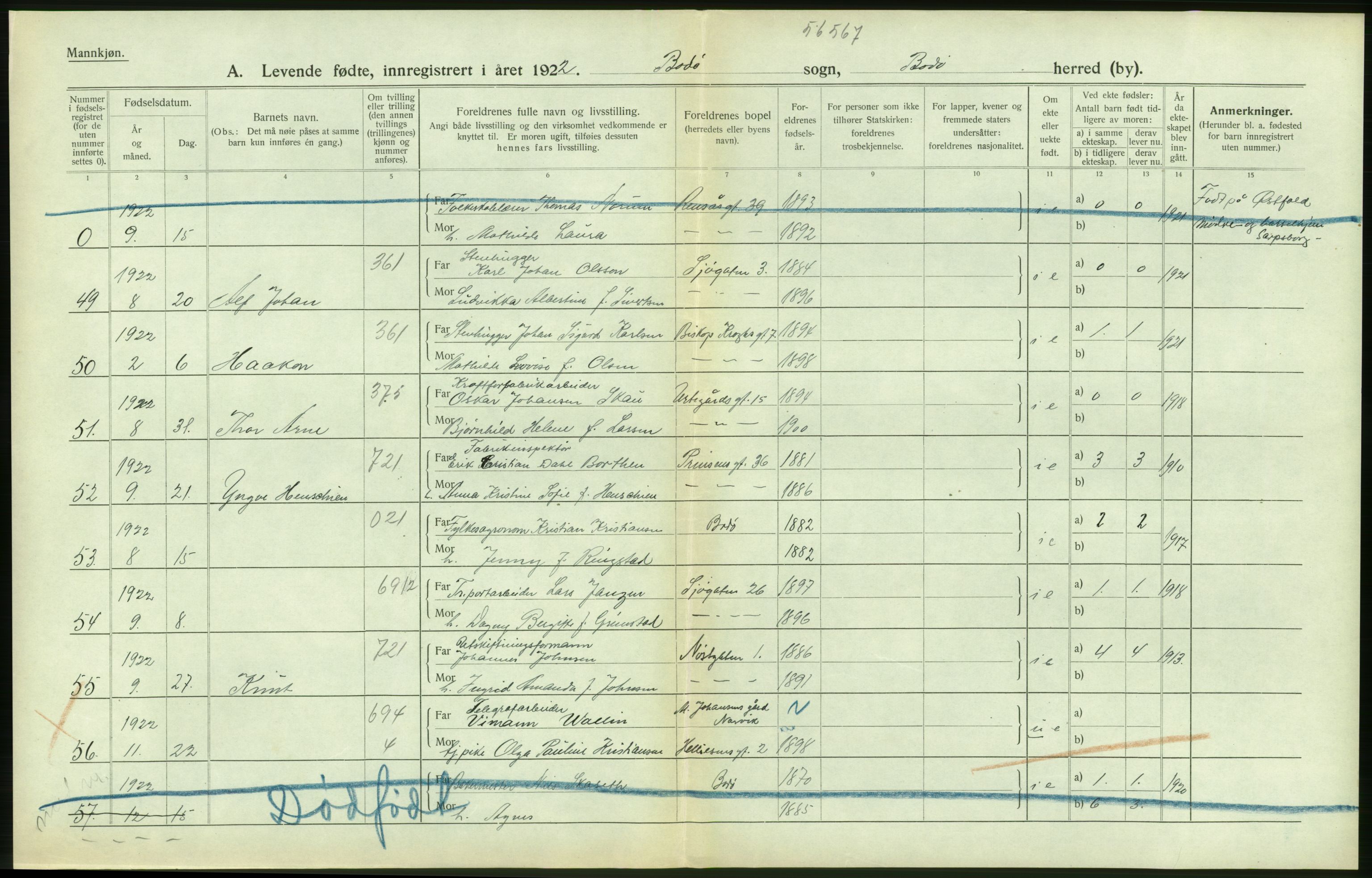 Statistisk sentralbyrå, Sosiodemografiske emner, Befolkning, AV/RA-S-2228/D/Df/Dfc/Dfcb/L0044: Nordland fylke: Levendefødte menn og kvinner. Bygder og byer., 1922, p. 44