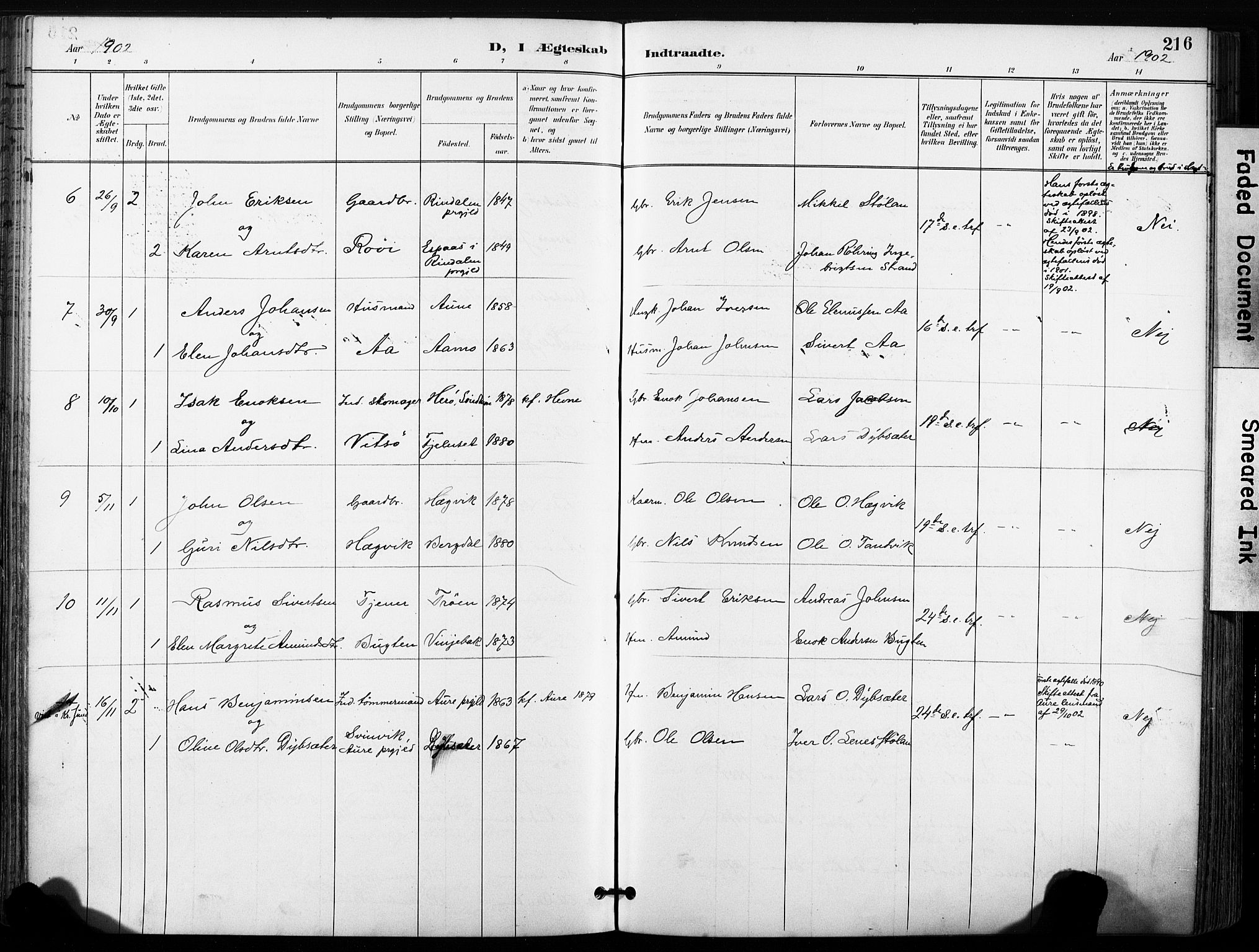Ministerialprotokoller, klokkerbøker og fødselsregistre - Sør-Trøndelag, SAT/A-1456/630/L0497: Parish register (official) no. 630A10, 1896-1910, p. 216