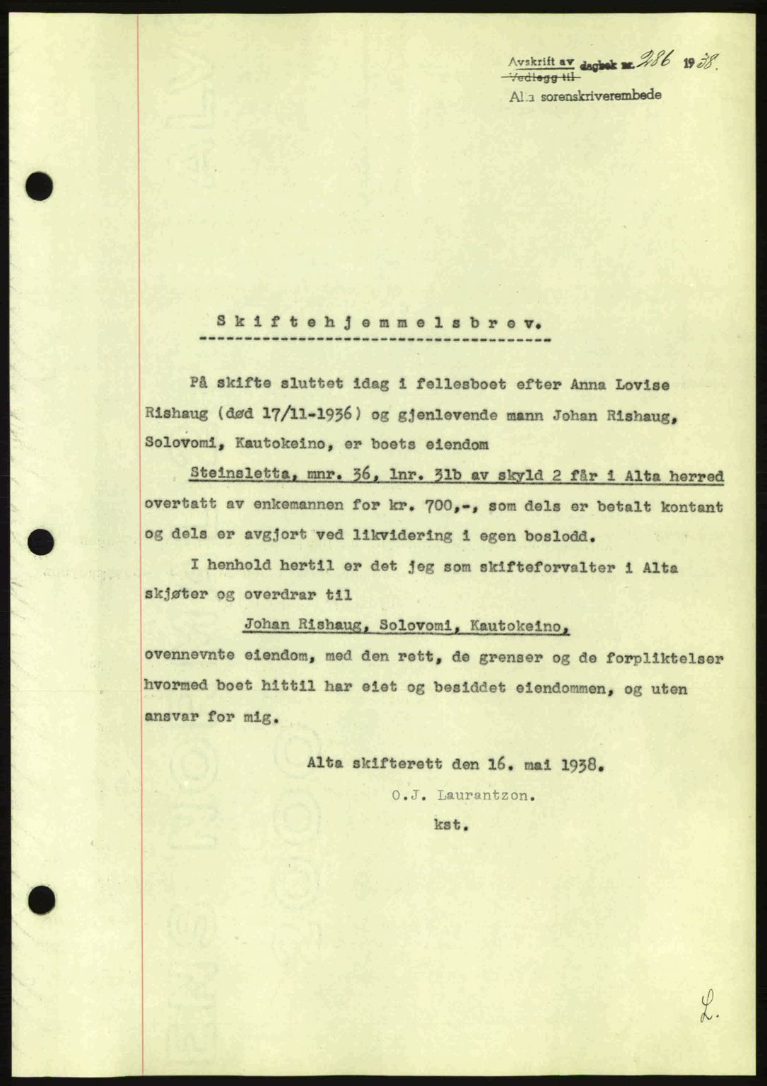 Alta fogderi/sorenskriveri, SATØ/SATØ-5/1/K/Kd/L0031pantebok: Mortgage book no. 31, 1938-1939, Diary no: : 286/1938
