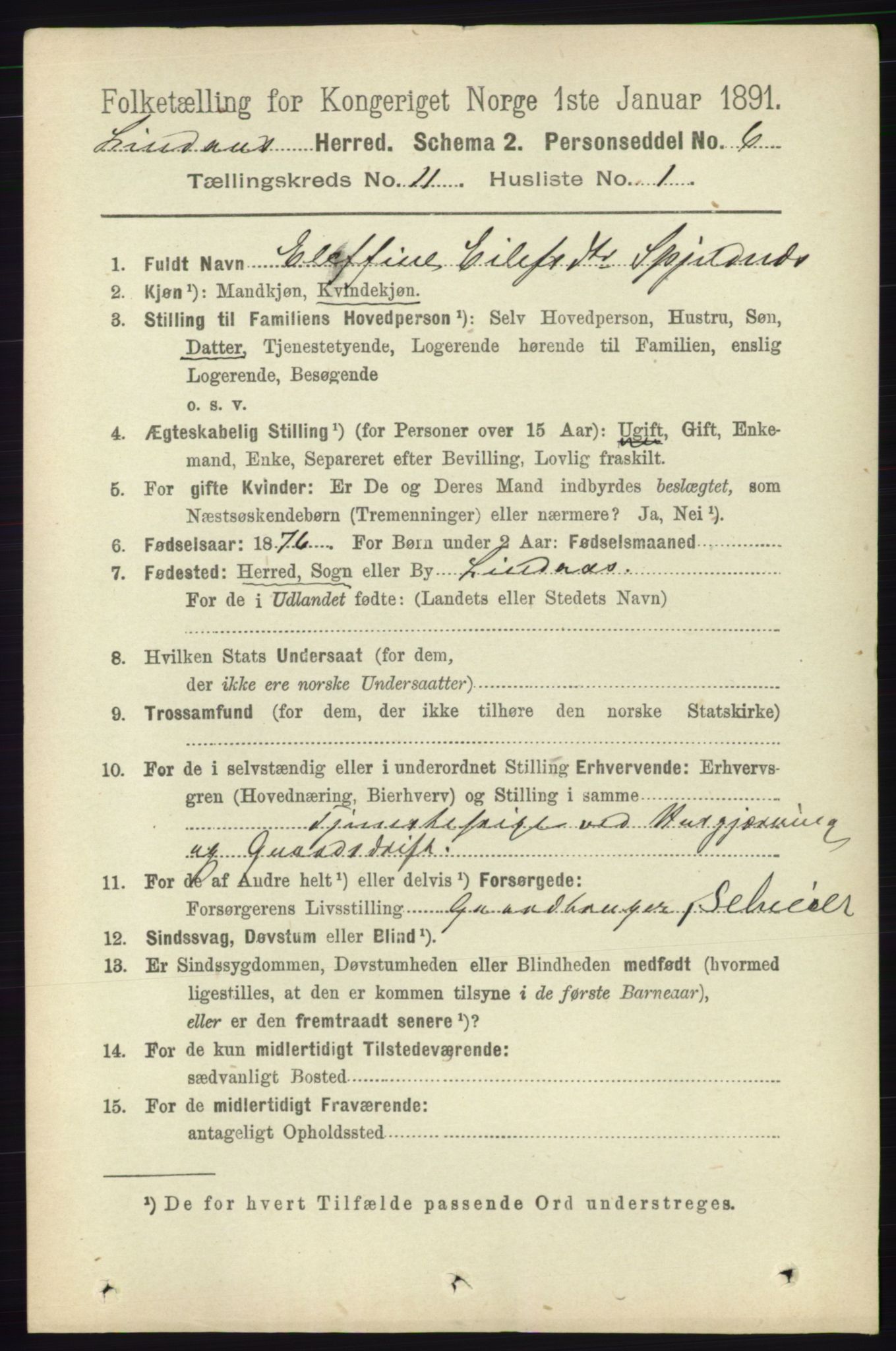 RA, 1891 census for 1263 Lindås, 1891, p. 3662