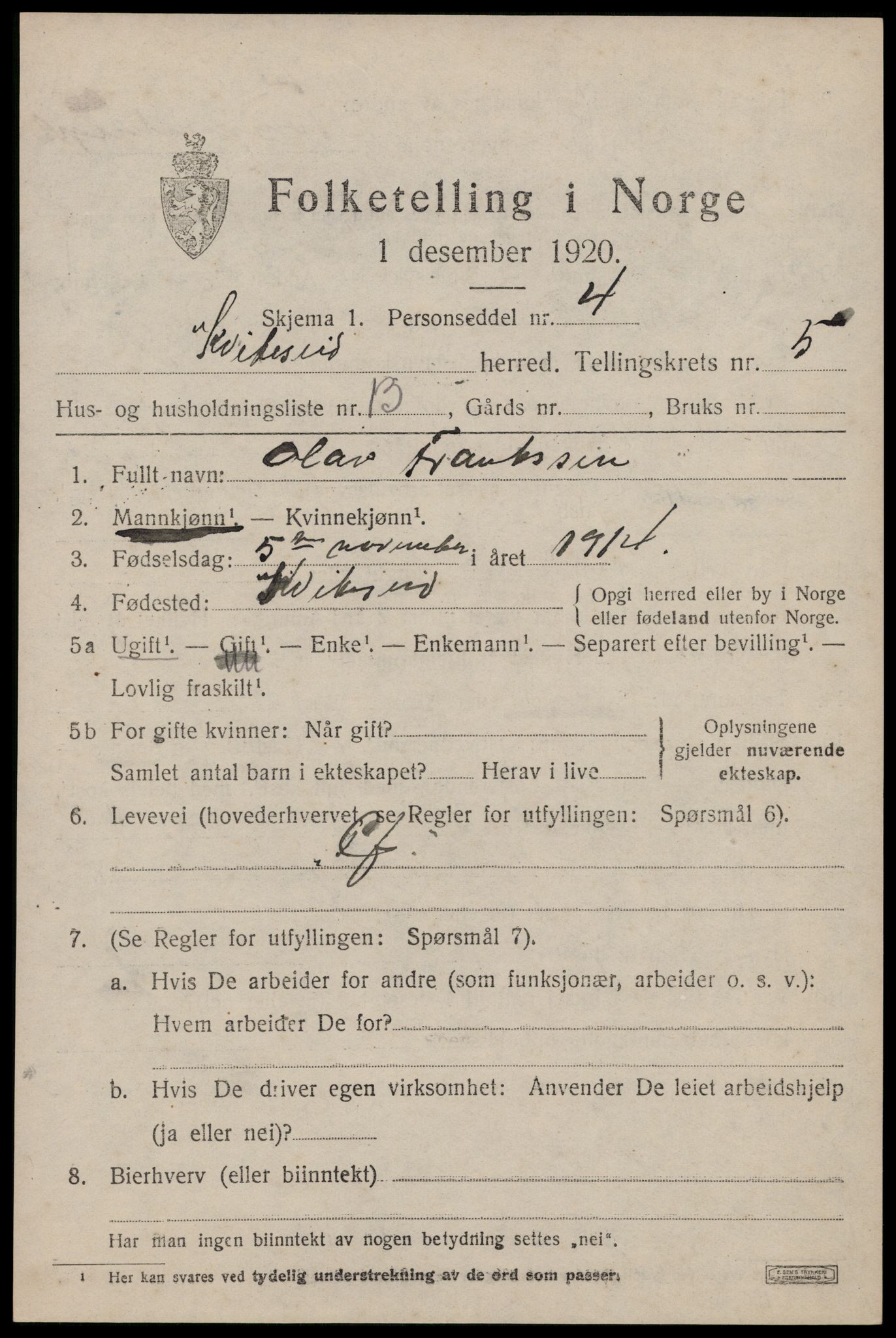 SAKO, 1920 census for Kviteseid, 1920, p. 2973