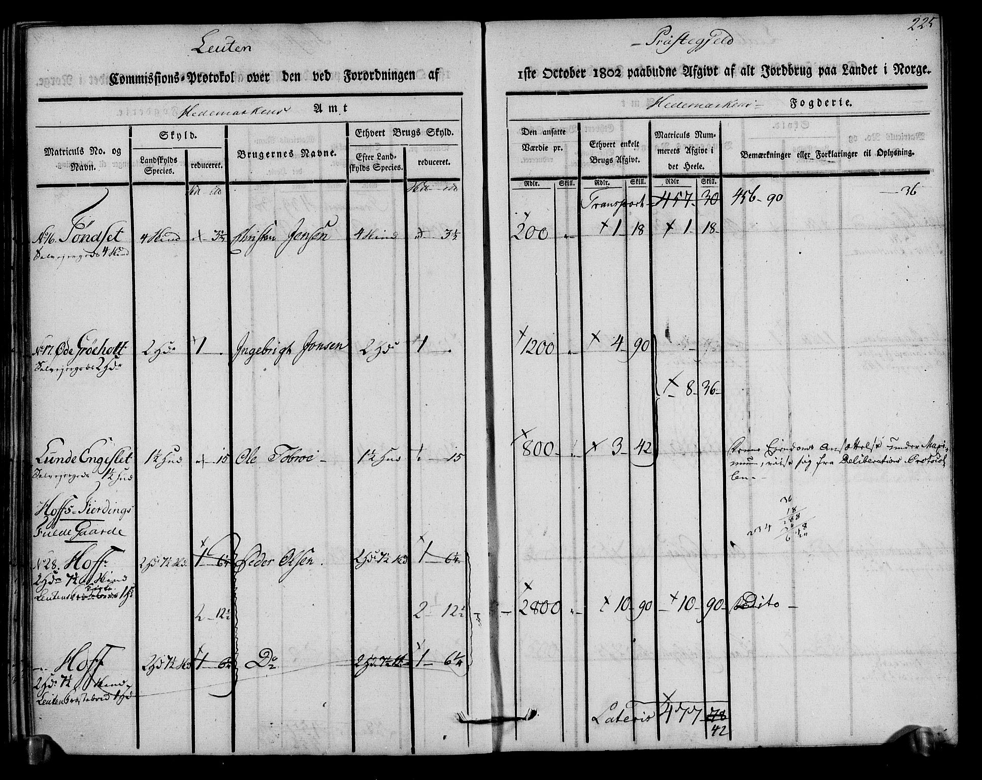 Rentekammeret inntil 1814, Realistisk ordnet avdeling, AV/RA-EA-4070/N/Ne/Nea/L0033: Hedmark fogderi. Kommisjonsprotokoll, 1803, p. 227