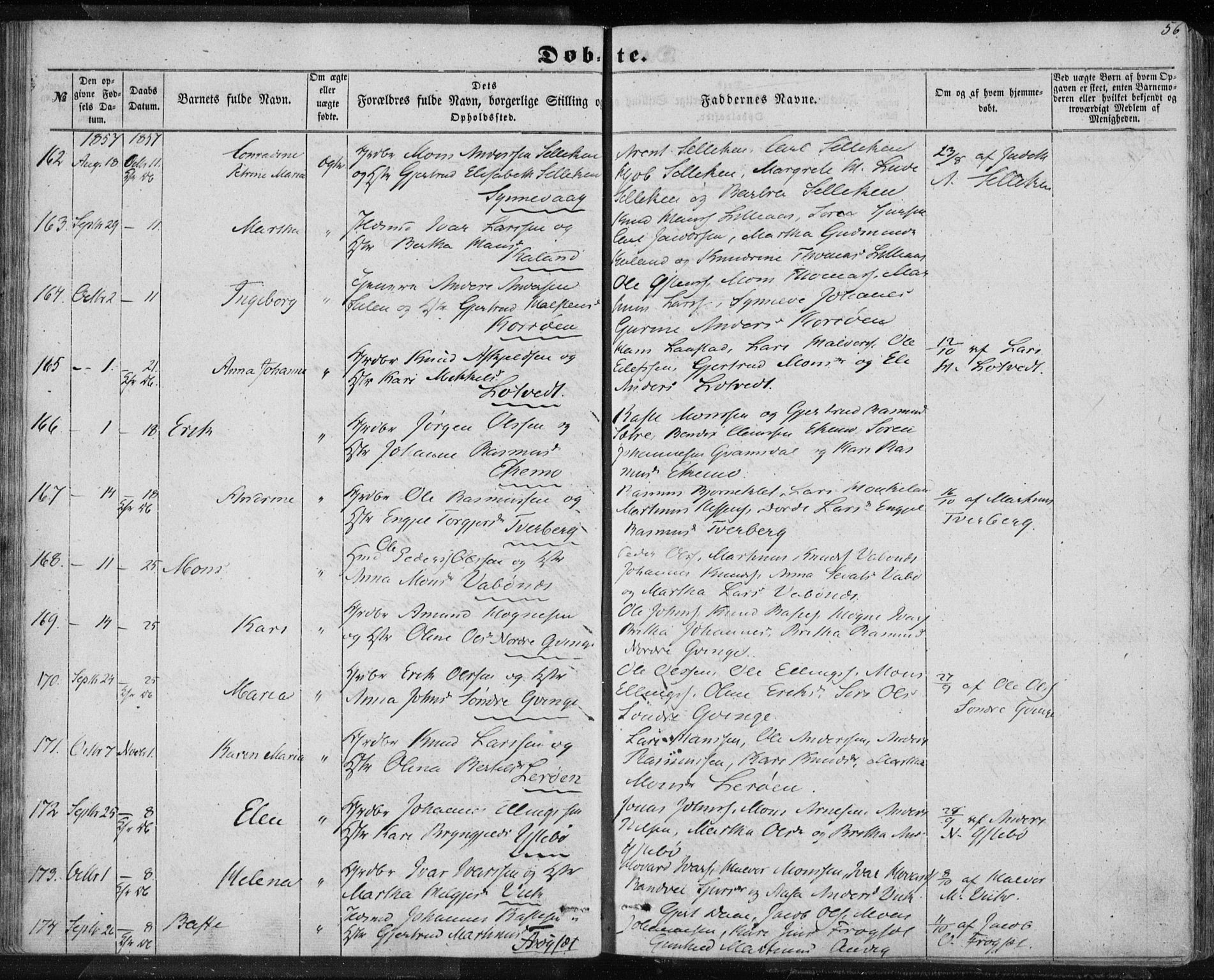 Lindås Sokneprestembete, AV/SAB-A-76701/H/Haa/Haaa/L0011: Parish register (official) no. A 11, 1854-1869, p. 56