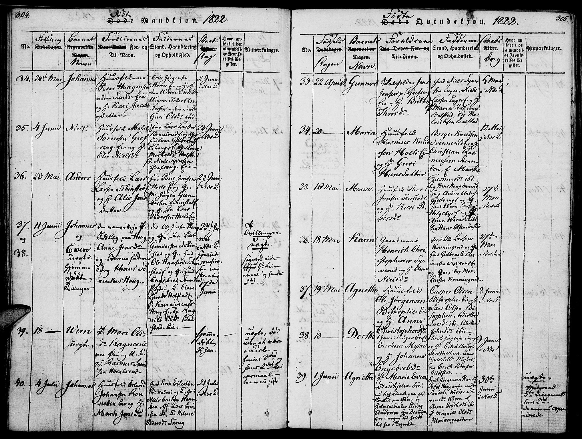 Nes prestekontor, Hedmark, AV/SAH-PREST-020/K/Ka/L0002: Parish register (official) no. 2, 1813-1827, p. 304-305