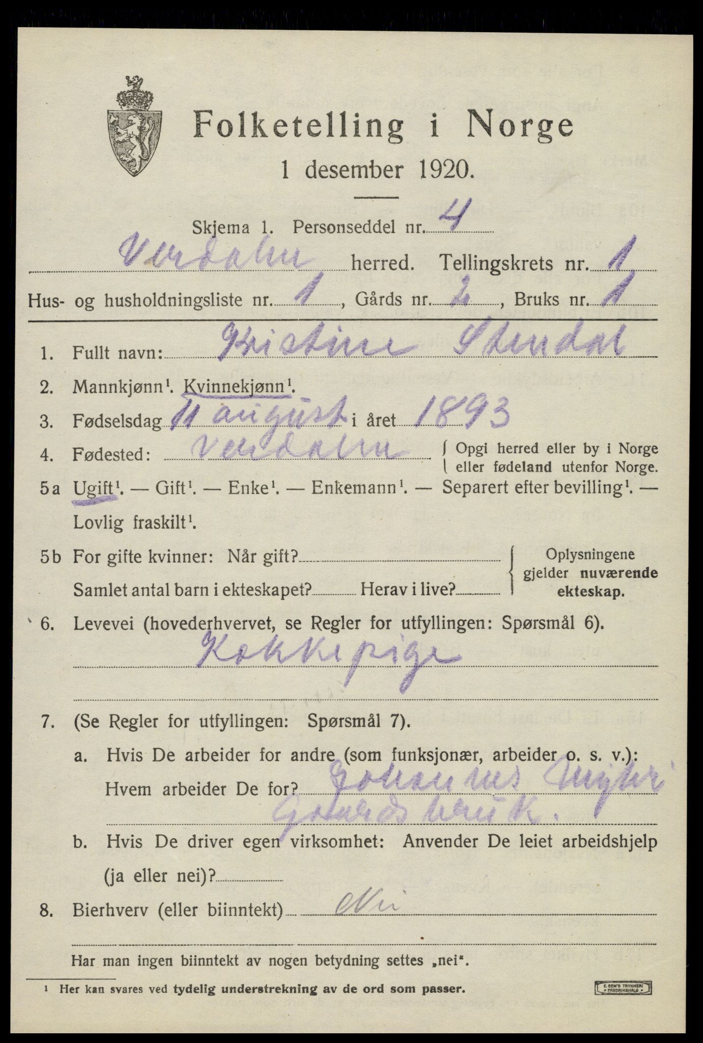 SAT, 1920 census for Verdal, 1920, p. 2349