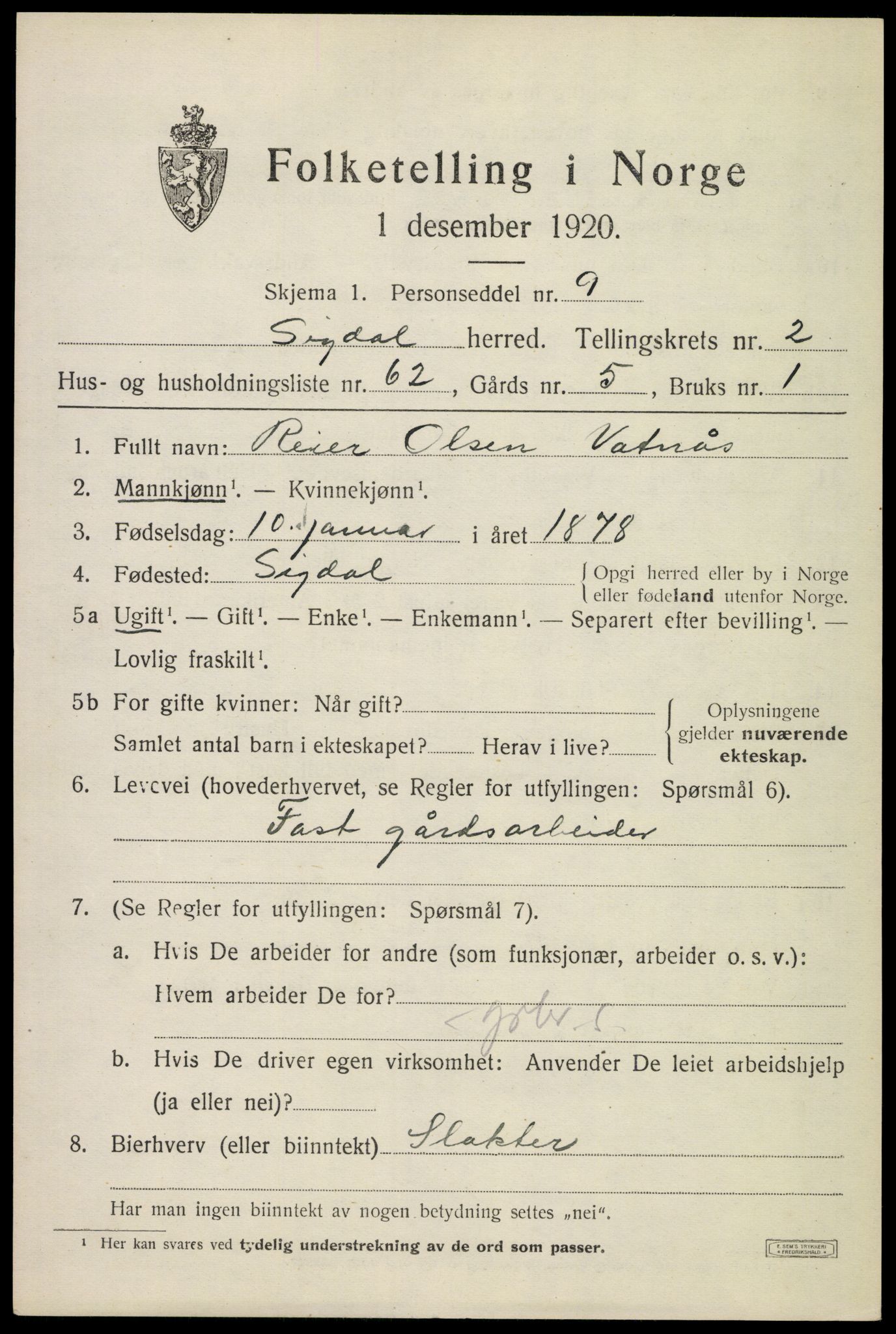 SAKO, 1920 census for Sigdal, 1920, p. 2724