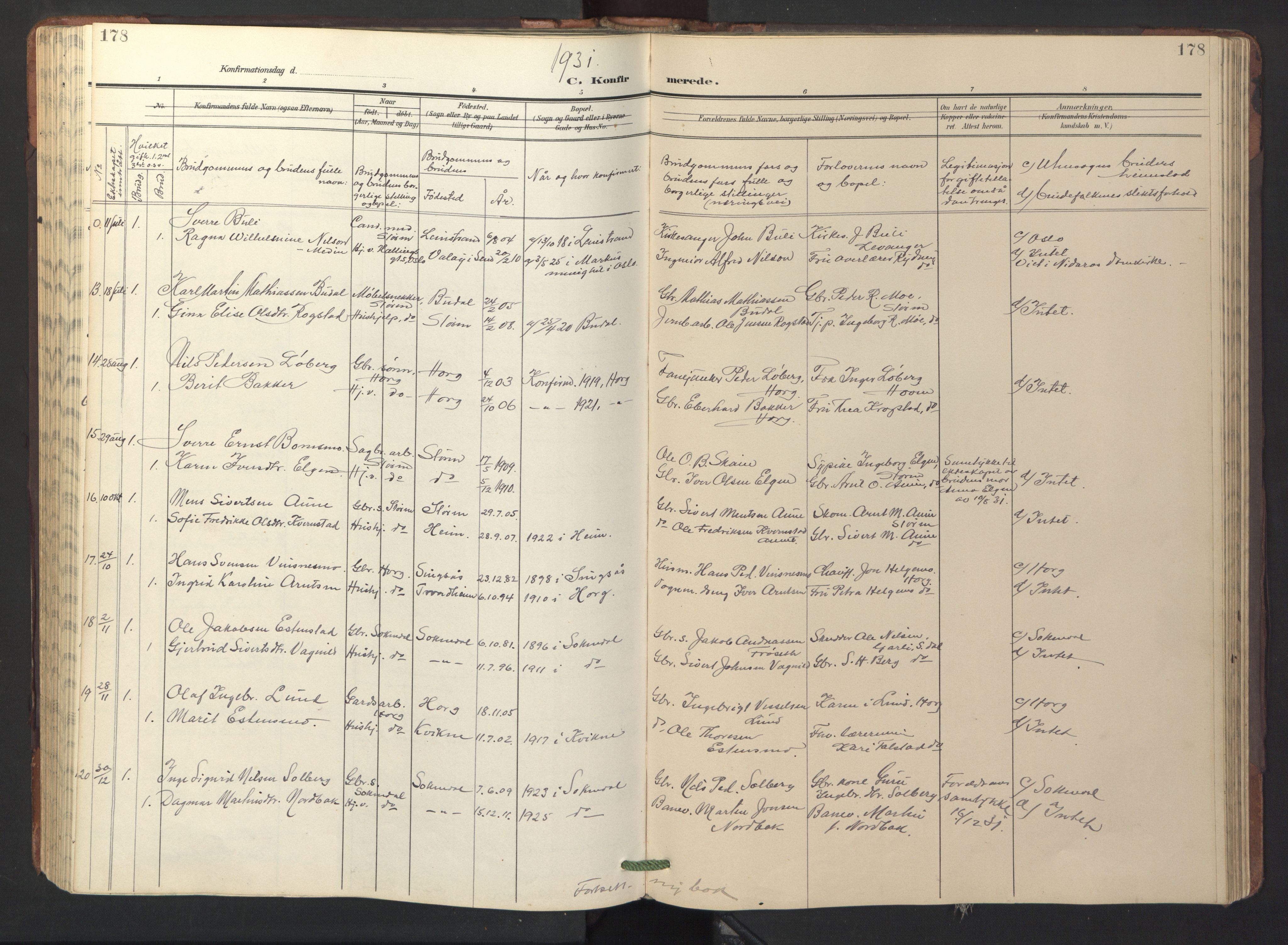 Ministerialprotokoller, klokkerbøker og fødselsregistre - Sør-Trøndelag, SAT/A-1456/687/L1019: Parish register (copy) no. 687C03, 1904-1931, p. 178