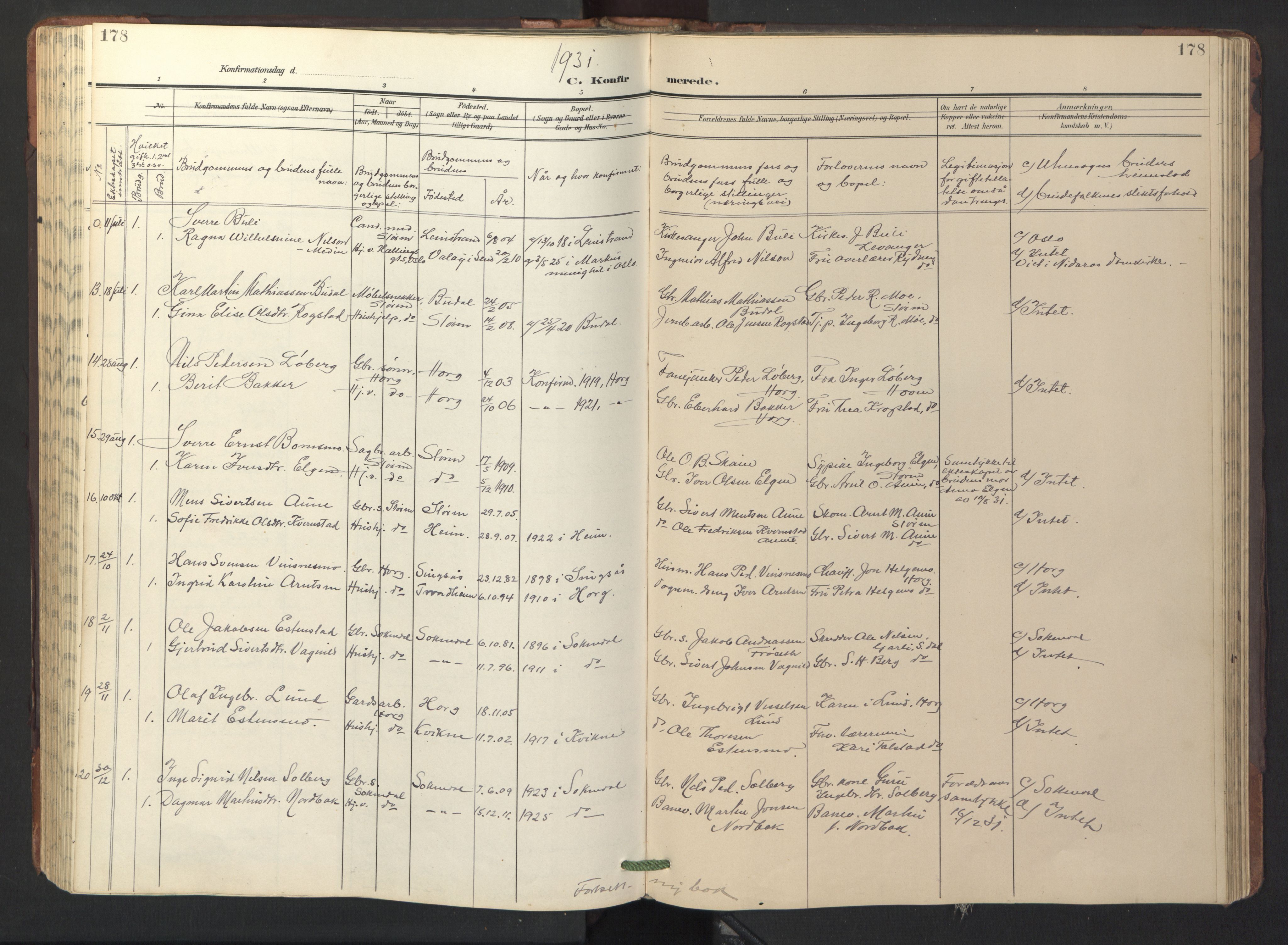 Ministerialprotokoller, klokkerbøker og fødselsregistre - Sør-Trøndelag, AV/SAT-A-1456/687/L1019: Parish register (copy) no. 687C03, 1904-1931, p. 178