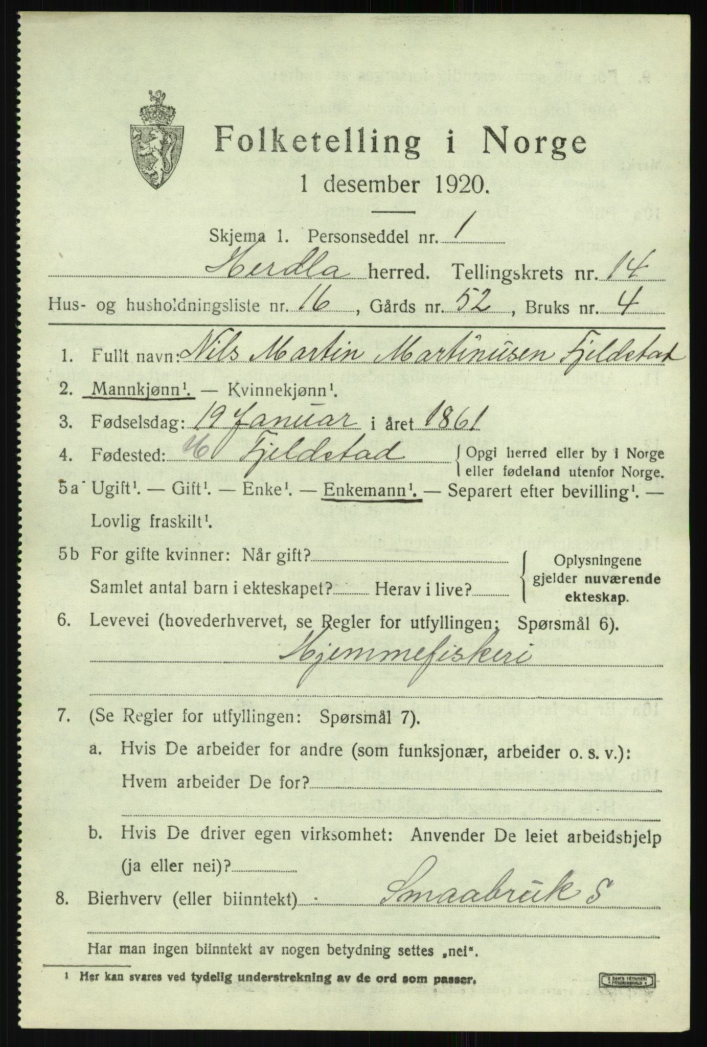 SAB, 1920 census for Herdla, 1920, p. 9885