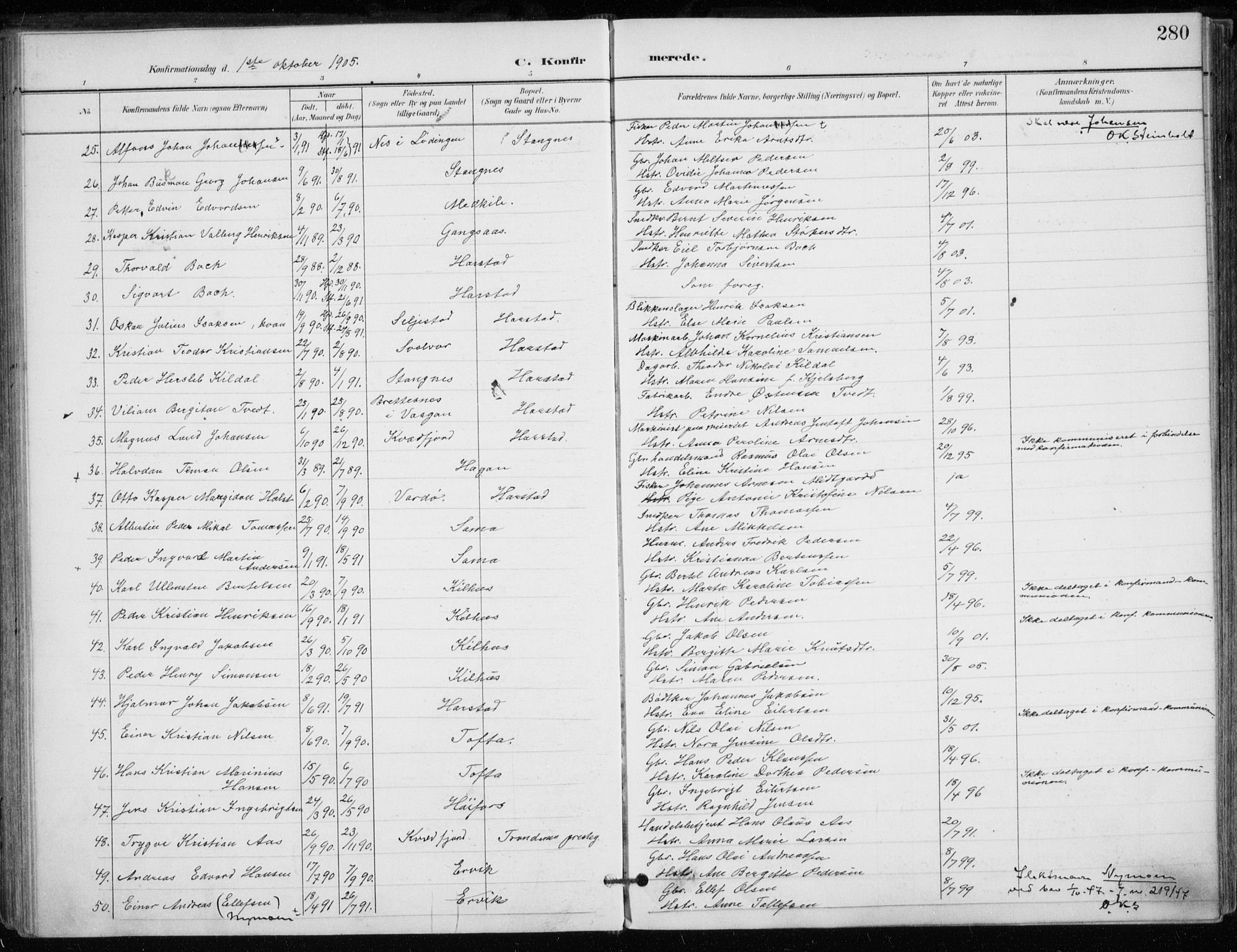 Trondenes sokneprestkontor, AV/SATØ-S-1319/H/Ha/L0017kirke: Parish register (official) no. 17, 1899-1908, p. 280