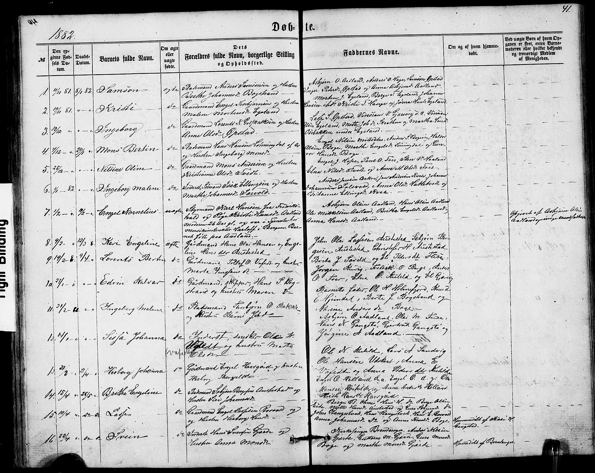 Fusa sokneprestembete, SAB/A-75401/H/Hab: Parish register (copy) no. A 1, 1861-1894, p. 41