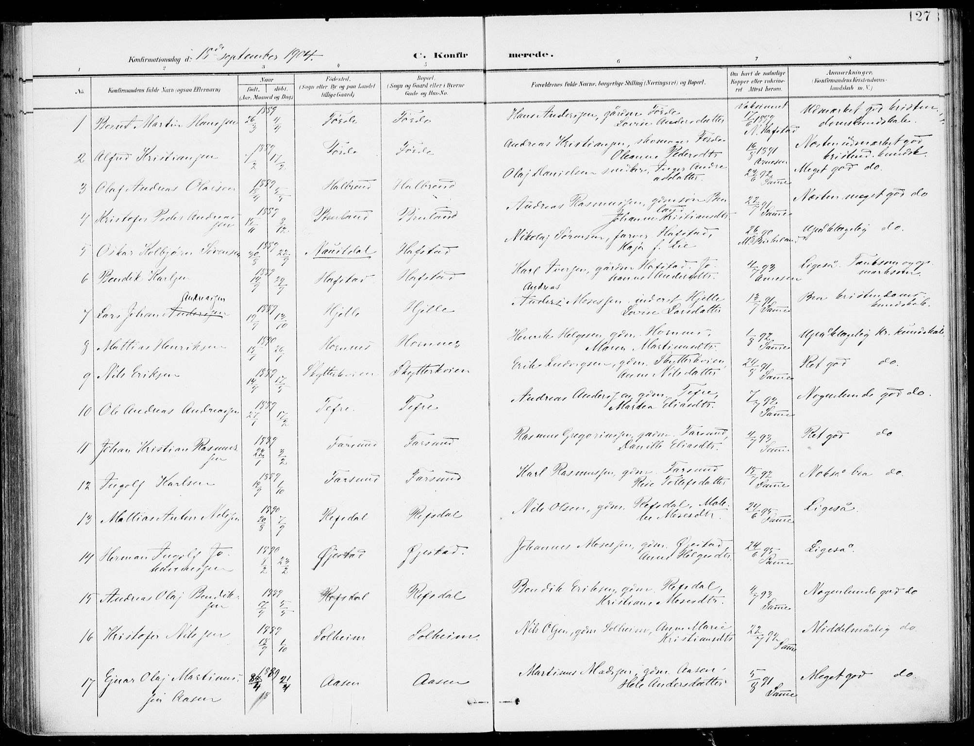 Førde sokneprestembete, SAB/A-79901/H/Haa/Haab/L0002: Parish register (official) no. B  2, 1899-1920, p. 127