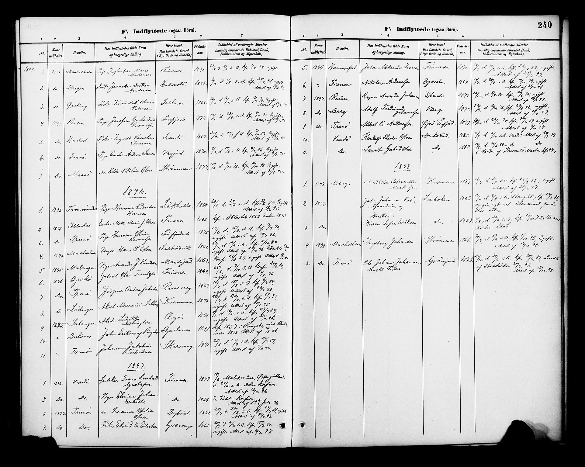 Lenvik sokneprestembete, AV/SATØ-S-1310/H/Ha/Haa/L0013kirke: Parish register (official) no. 13, 1890-1898, p. 240