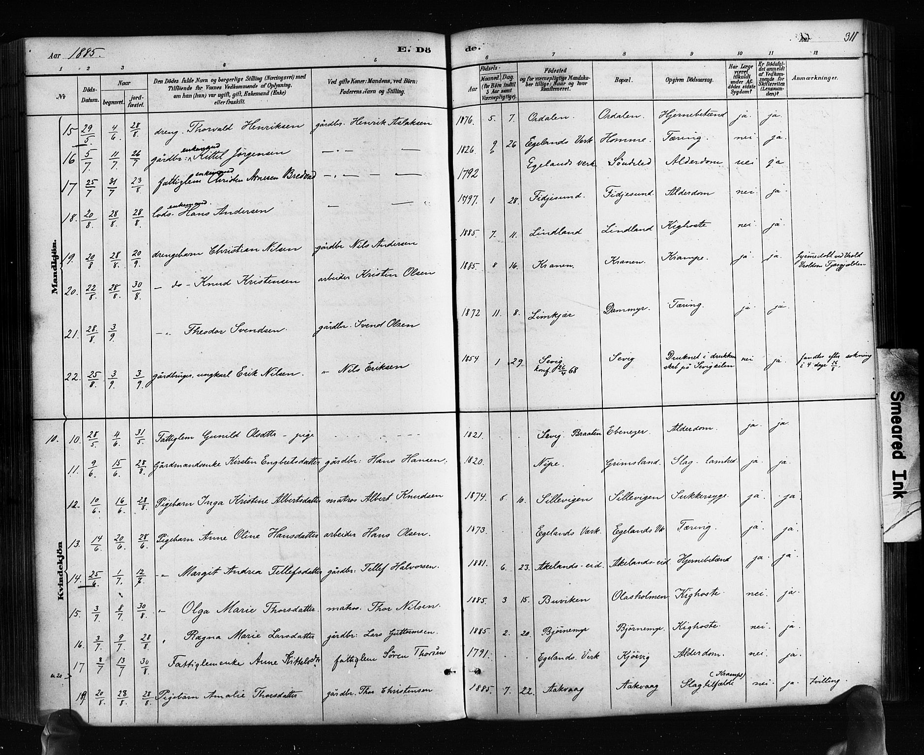 Søndeled sokneprestkontor, SAK/1111-0038/F/Fa/L0004: Parish register (official) no. A 4, 1880-1889, p. 311