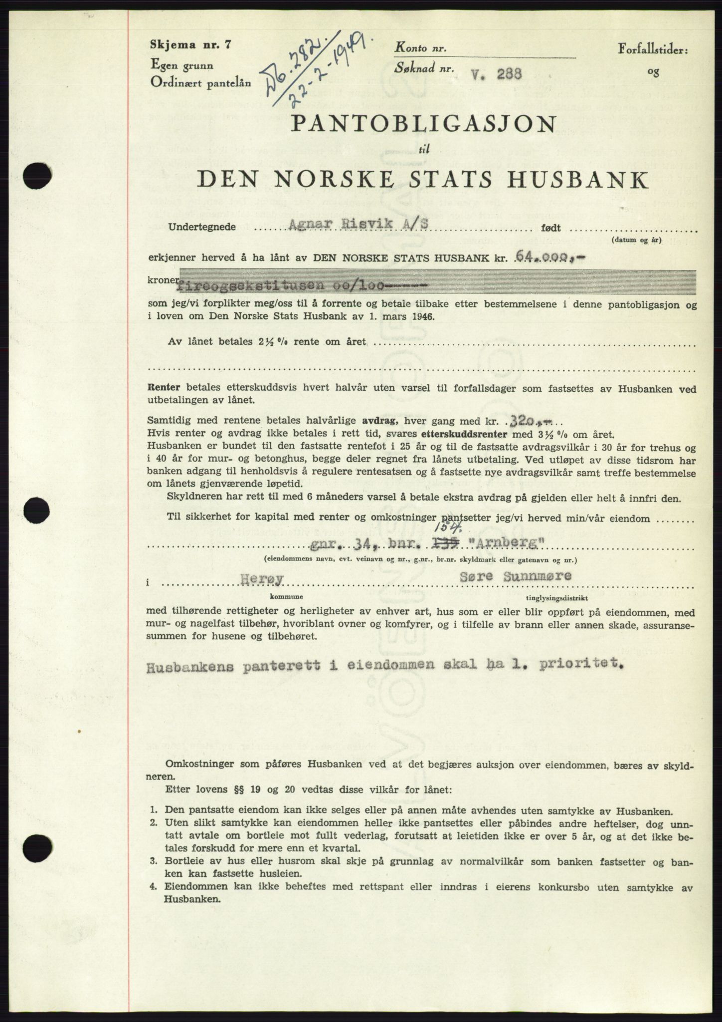 Søre Sunnmøre sorenskriveri, AV/SAT-A-4122/1/2/2C/L0116: Mortgage book no. 4B, 1948-1949, Diary no: : 282/1949