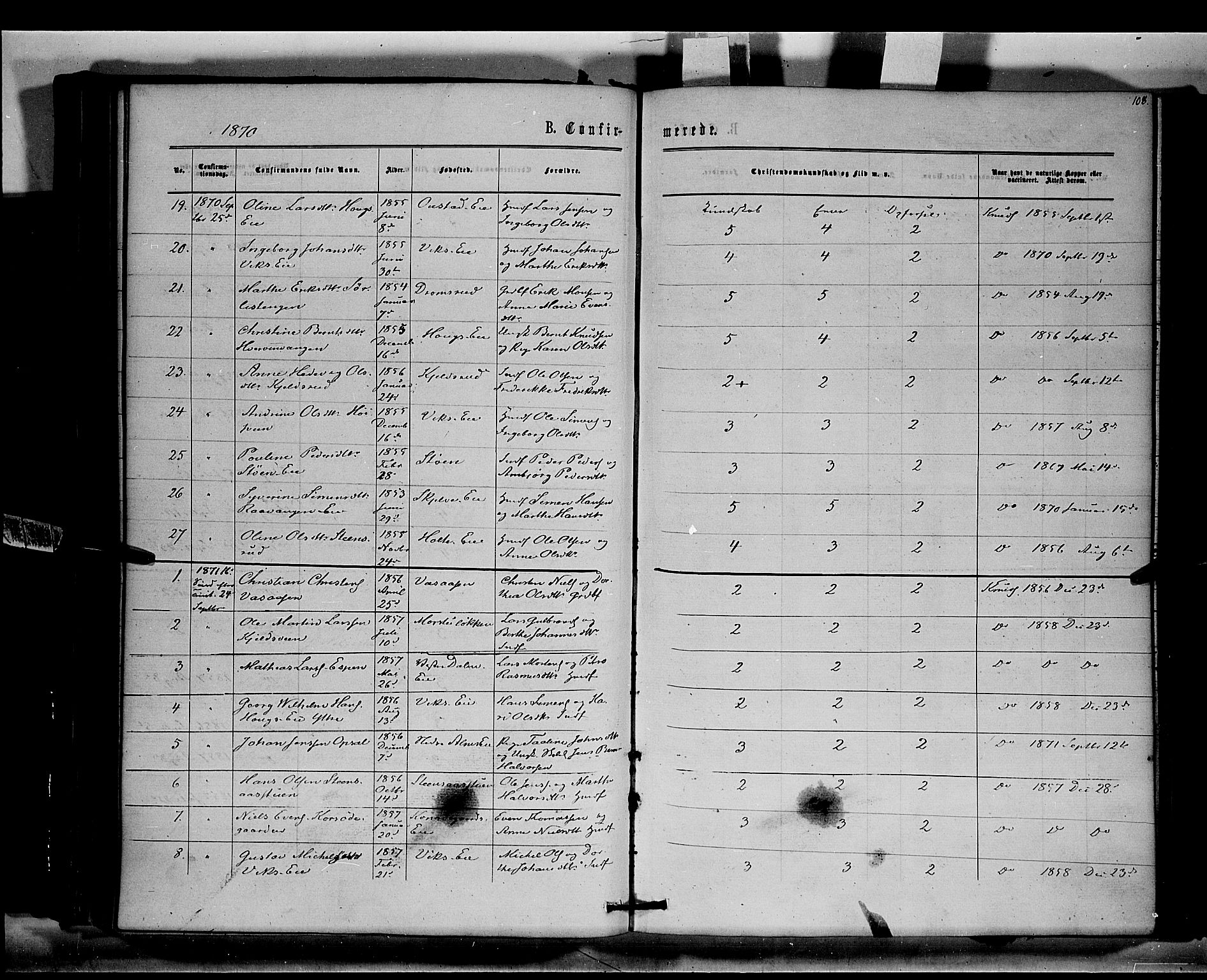 Stange prestekontor, SAH/PREST-002/K/L0014: Parish register (official) no. 14, 1862-1879, p. 108