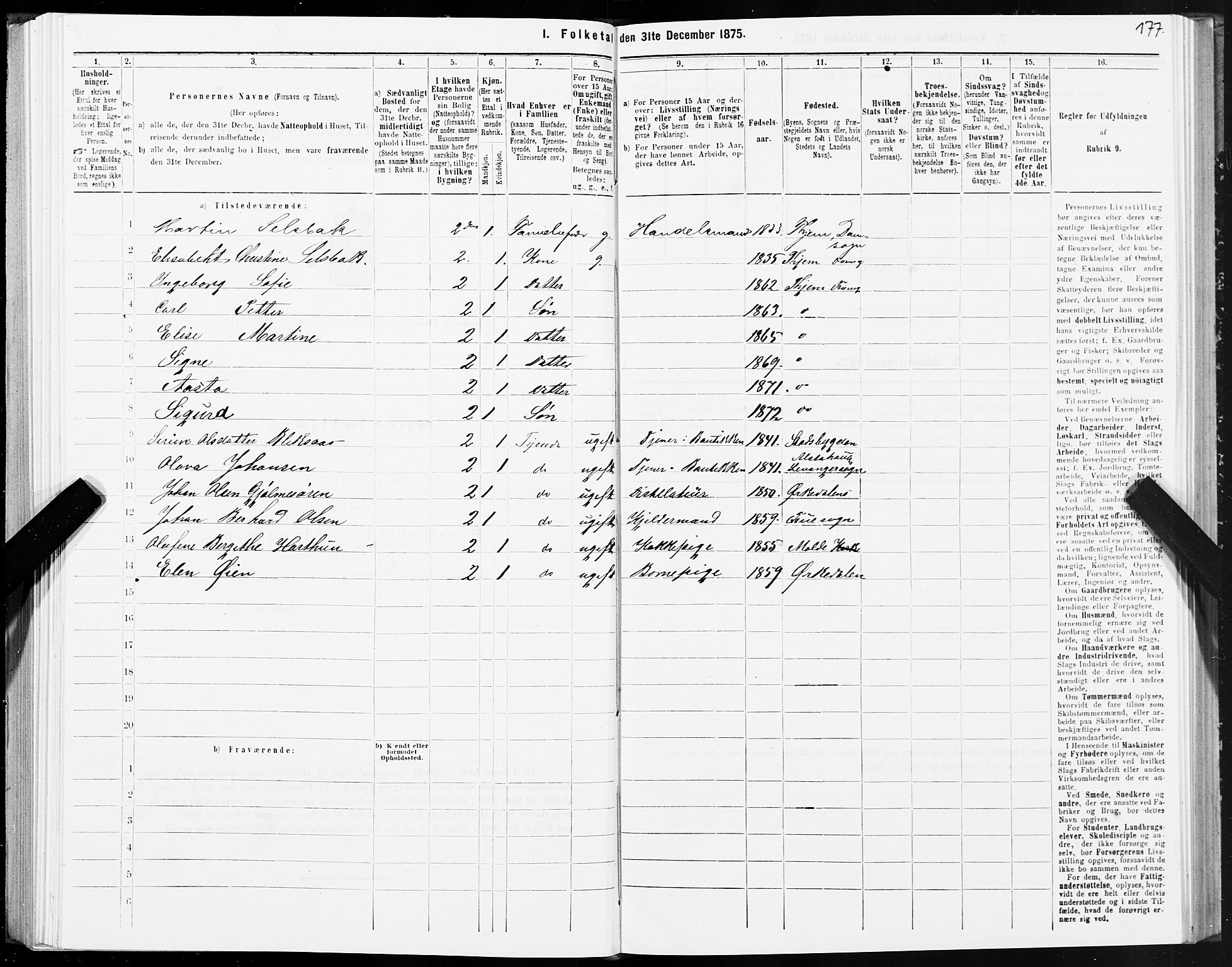 SAT, 1875 census for 1601 Trondheim, 1875, p. 2177