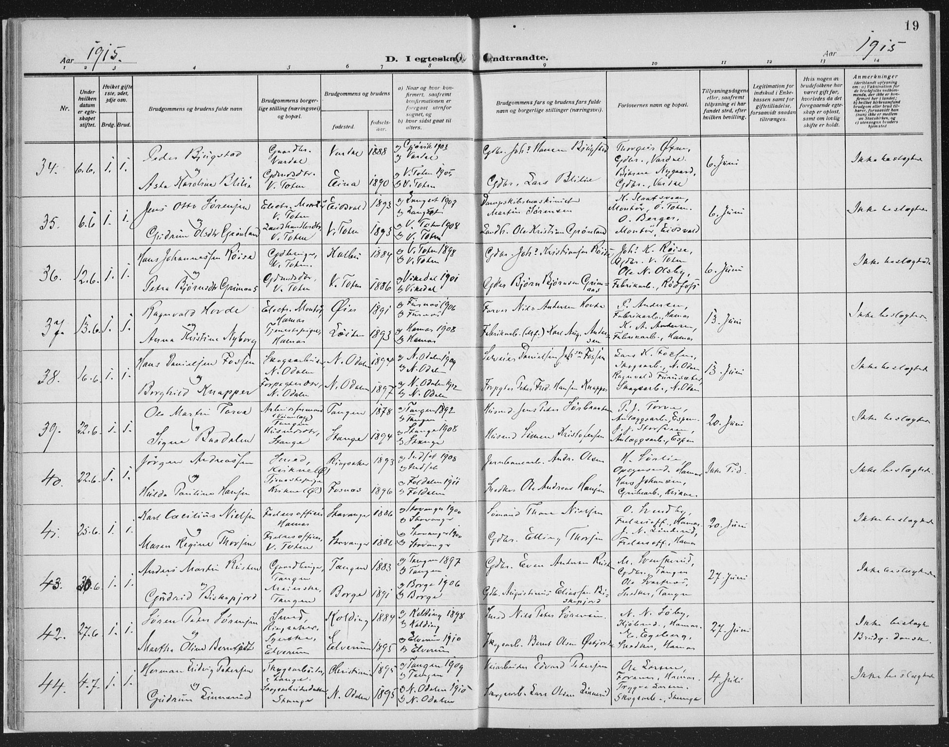 Hamar prestekontor, AV/SAH-DOMPH-002/H/Ha/Haa/L0003: Parish register (official) no. 3, 1913-1930, p. 19