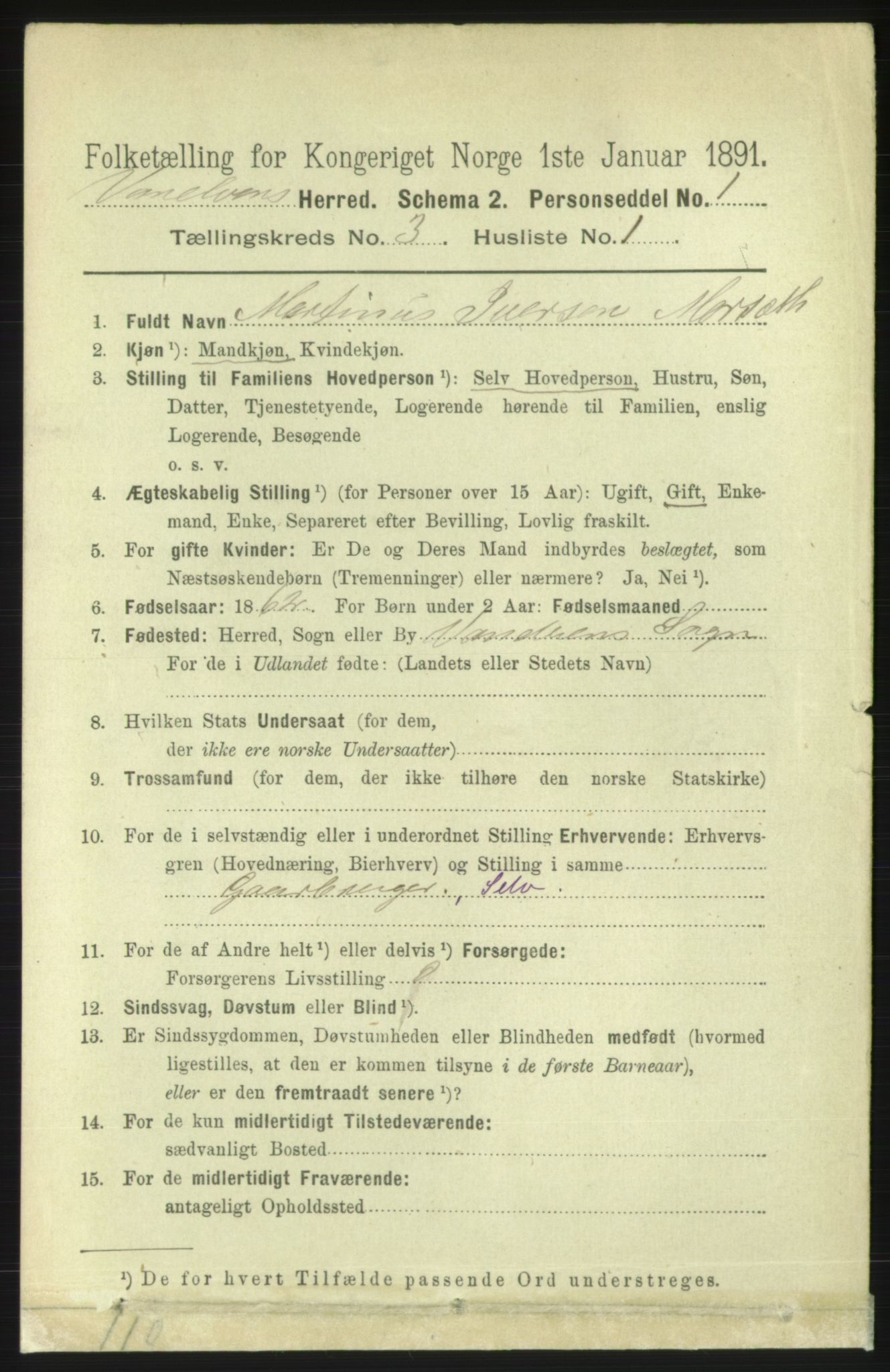 RA, 1891 census for 1511 Vanylven, 1891, p. 1274