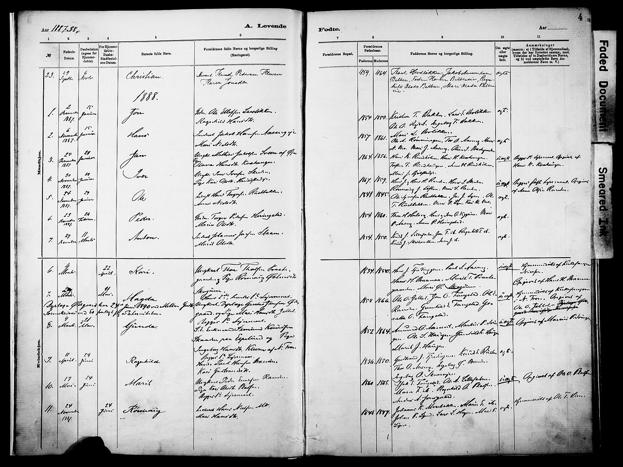 Vågå prestekontor, SAH/PREST-076/H/Ha/Haa/L0010: Parish register (official) no. 10, 1887-1904, p. 4