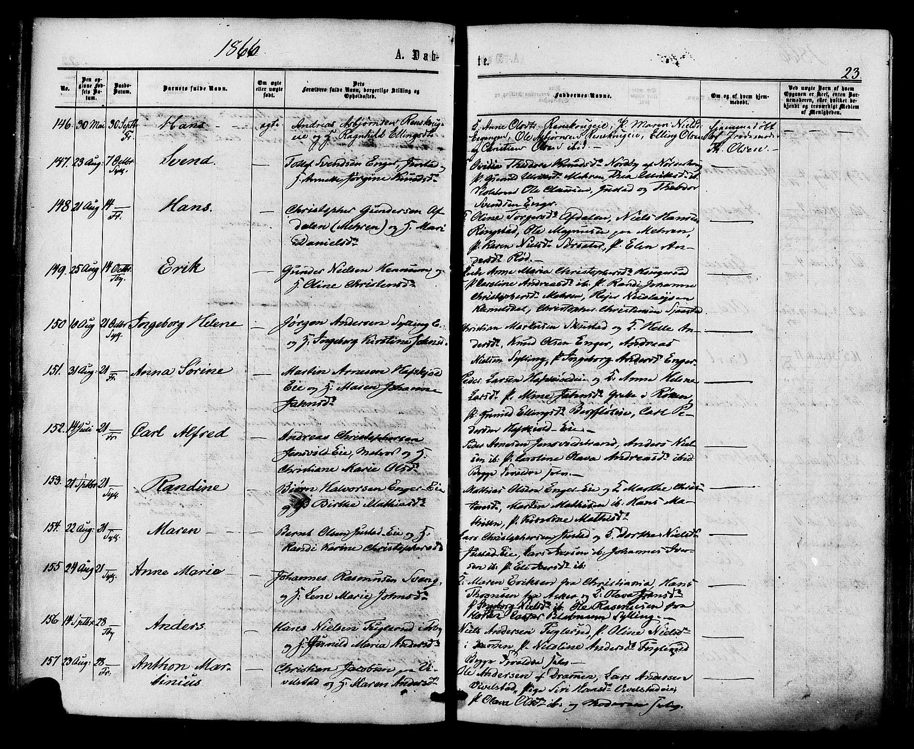 Lier kirkebøker, AV/SAKO-A-230/F/Fa/L0013: Parish register (official) no. I 13, 1865-1874, p. 23