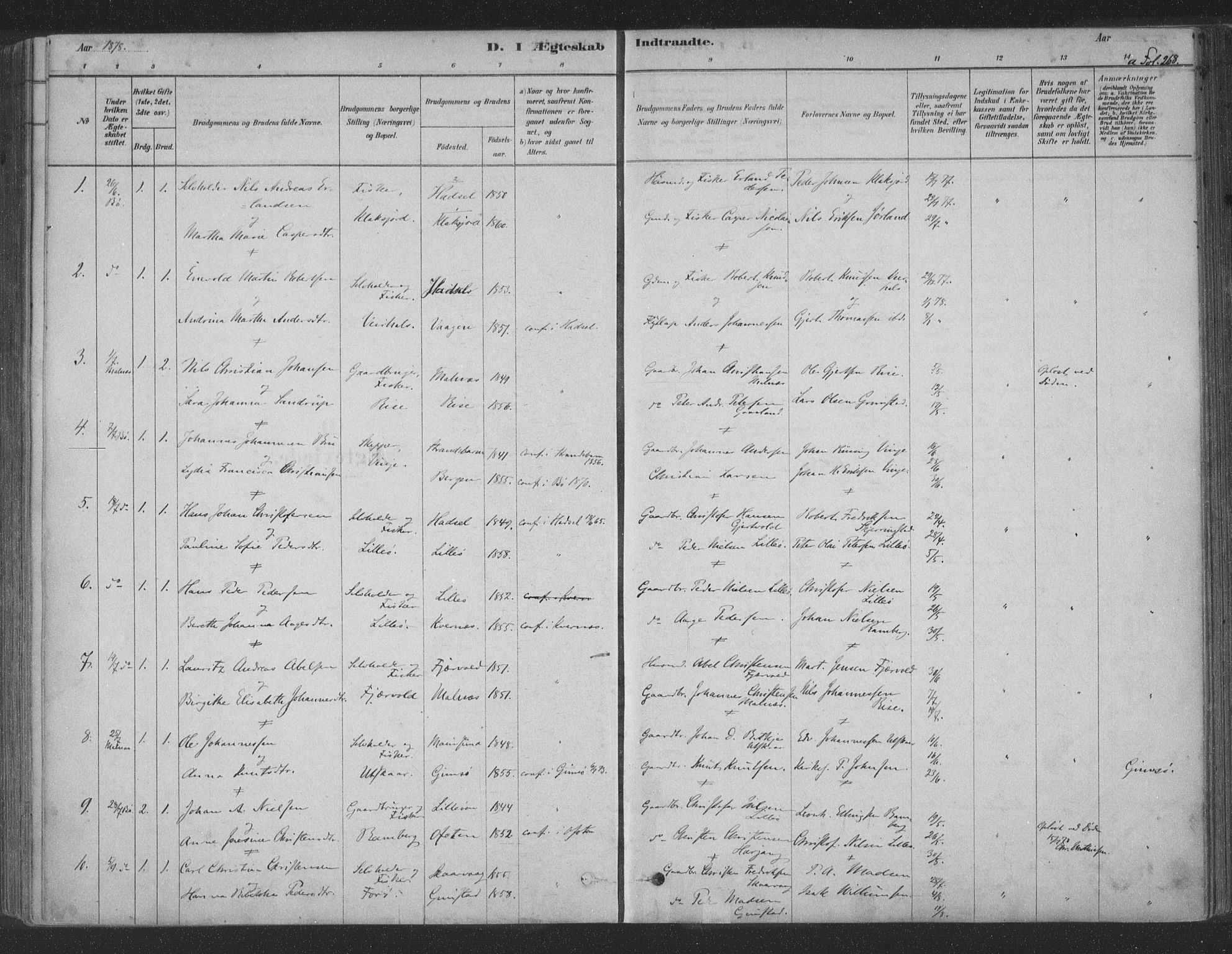 Ministerialprotokoller, klokkerbøker og fødselsregistre - Nordland, AV/SAT-A-1459/891/L1302: Parish register (official) no. 891A07, 1878-1895, p. 268