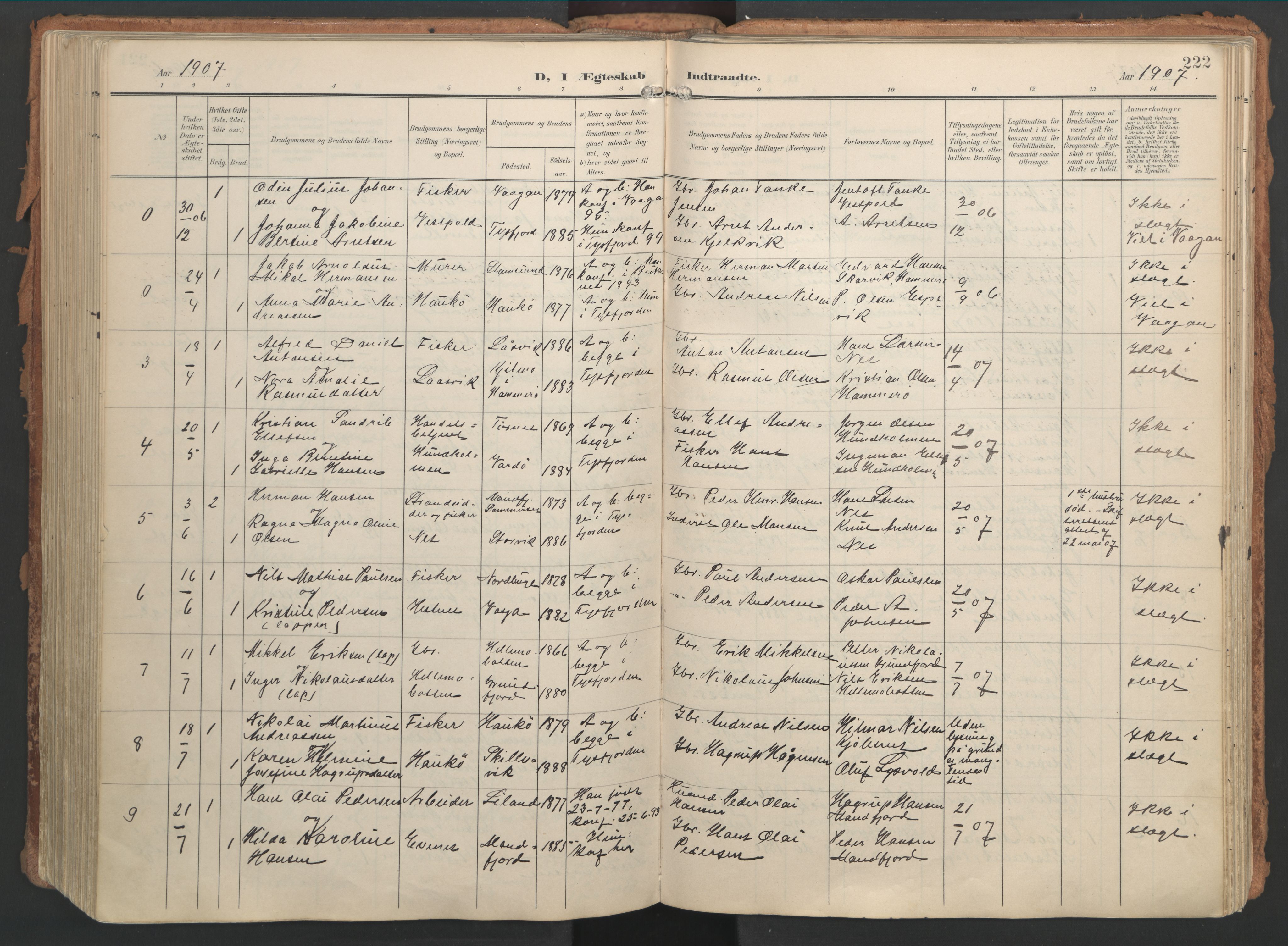 Ministerialprotokoller, klokkerbøker og fødselsregistre - Nordland, AV/SAT-A-1459/861/L0871: Parish register (official) no. 861A06, 1903-1916, p. 222